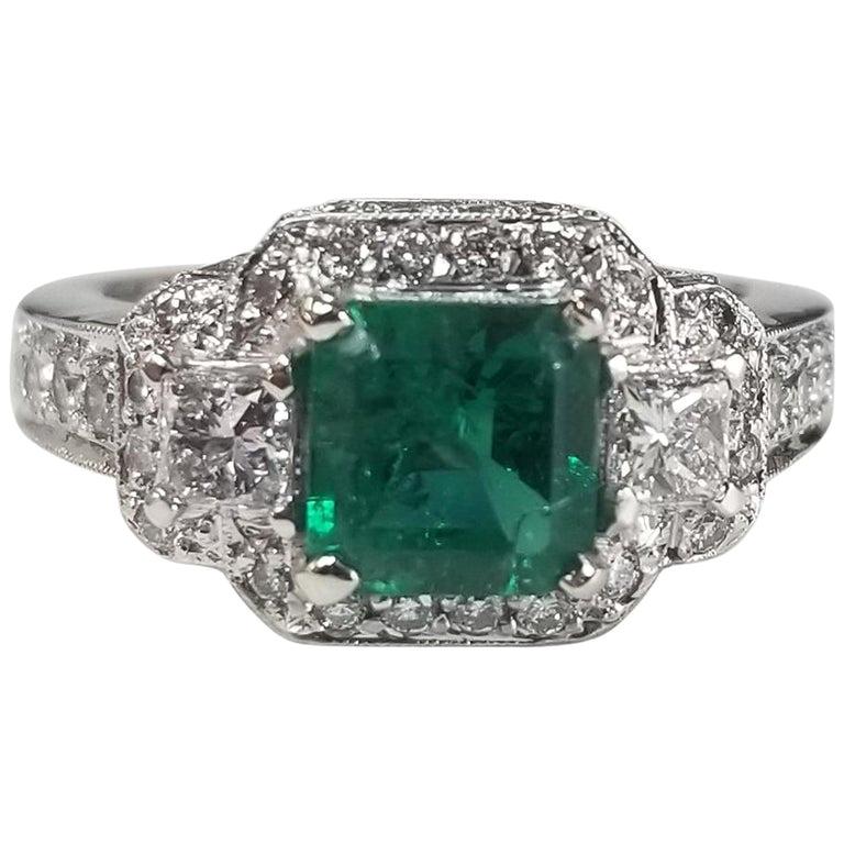 GIA Certified 1.05 Carat Emerald 14 Karat Square Emerald and Halo Diamond Ring For Sale