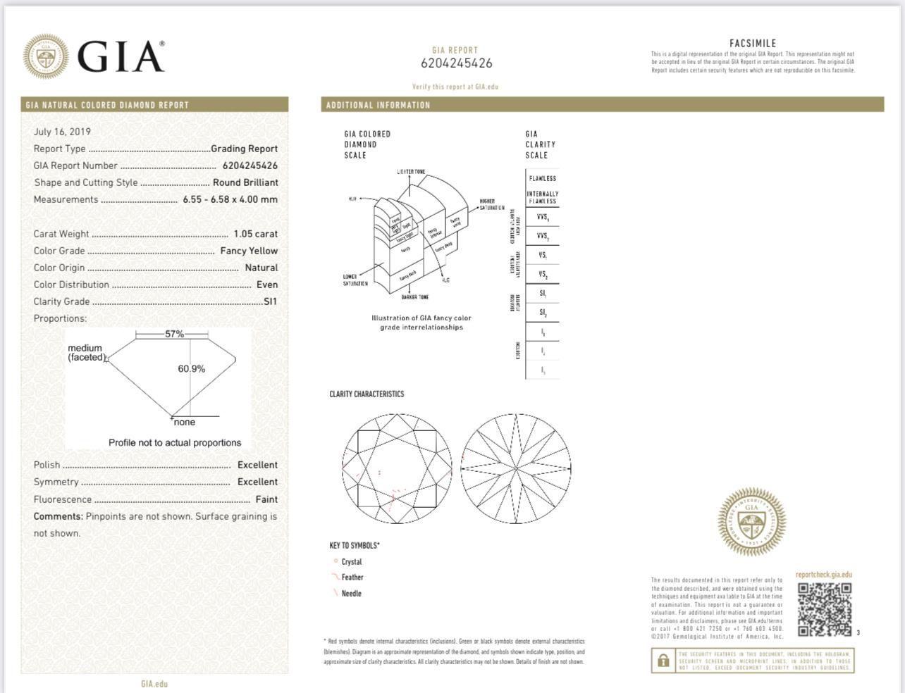 Bague en diamant jaune fantaisie de 1,05 carat de pureté SI1 certifiée par le GIA en vente 3