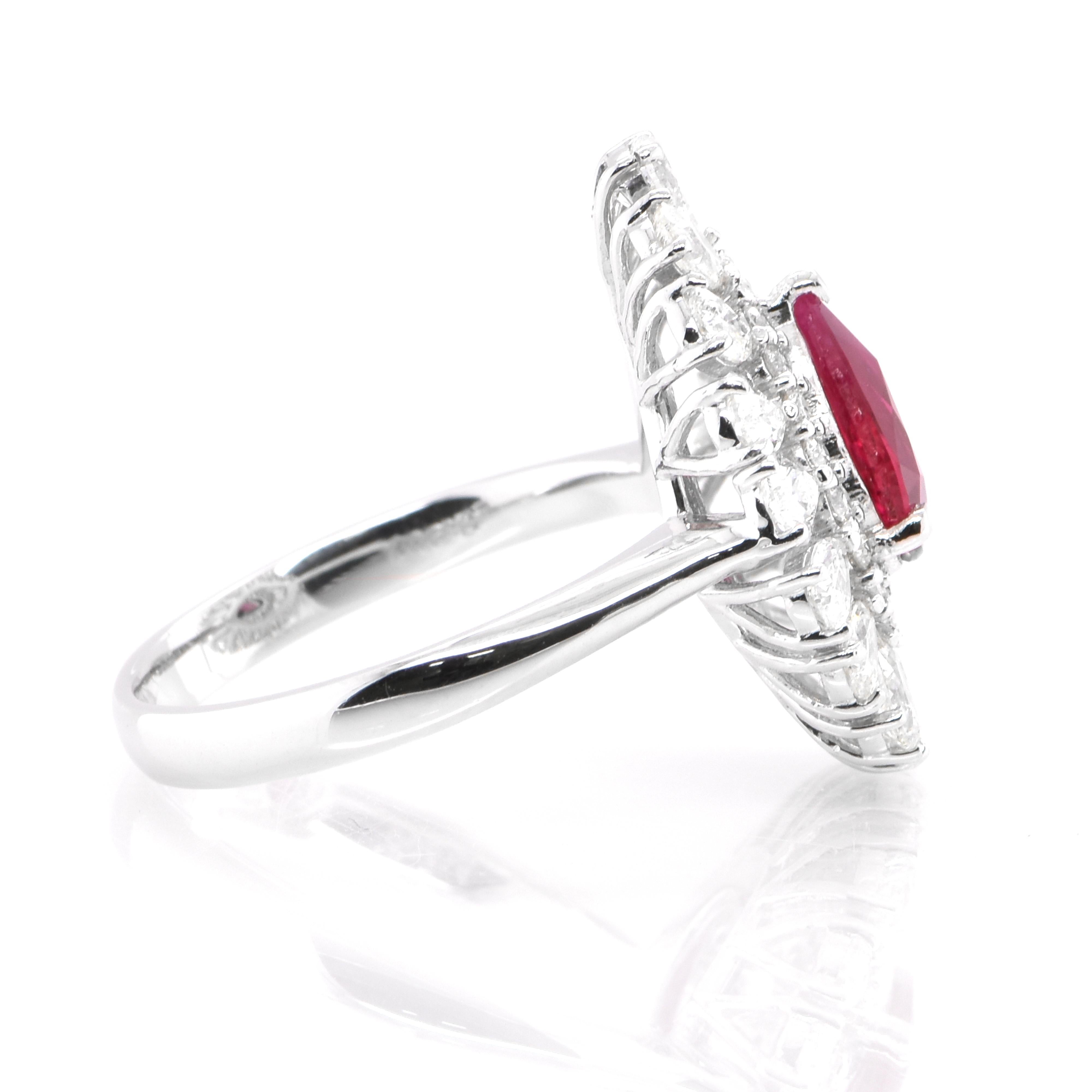 Pear Cut GIA Certified 1.05 Carat Natural Burmese Ruby and Diamond Ring Set in Platinum For Sale