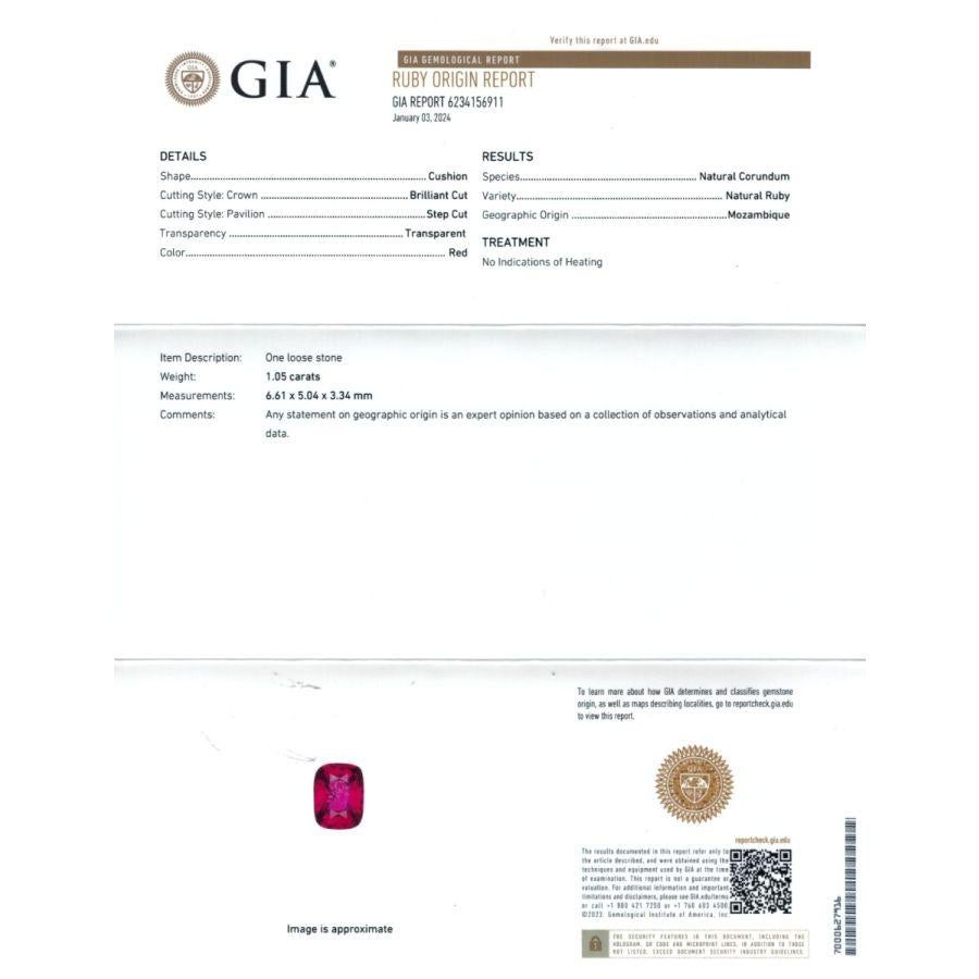 Embark on a captivating journey into the realm of Mozambique Rubies, focusing on the 1.05 carats gem with a GIA Report. Discover the brilliance of its cushion cut, enhanced by the Brilliant/Step technique. Uncover the significance of the GIA Report,