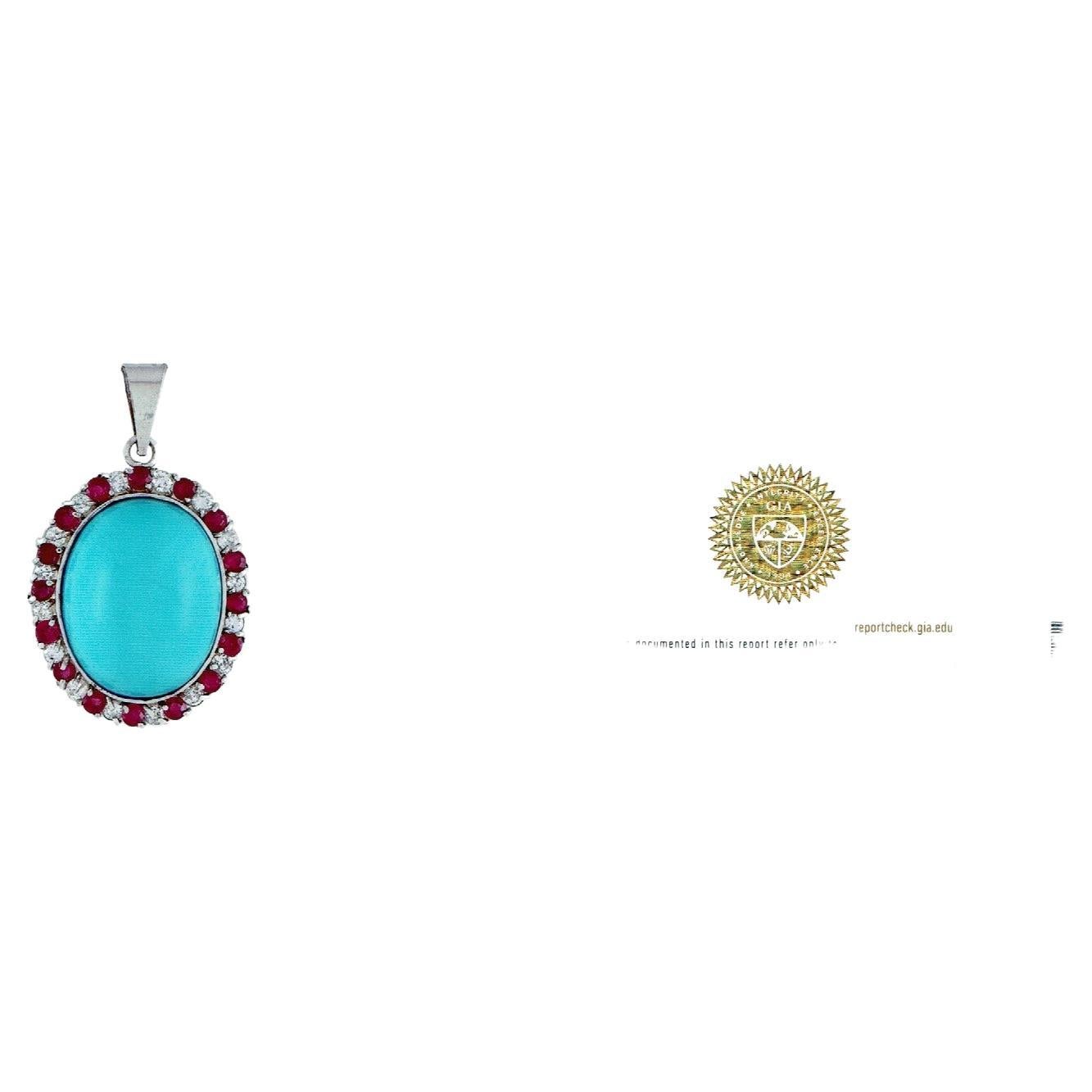 GIA Report 6223835231
Natural Turquoise
Vintage Huge 105 Ct Natural Oval Sleeping Beauty Turquoise, Ruby & Diamond Pendant
white shiny dots in the picture is just the reflection from the light 
14 karat gold 42.43 Grams with stone and chain
 Natural