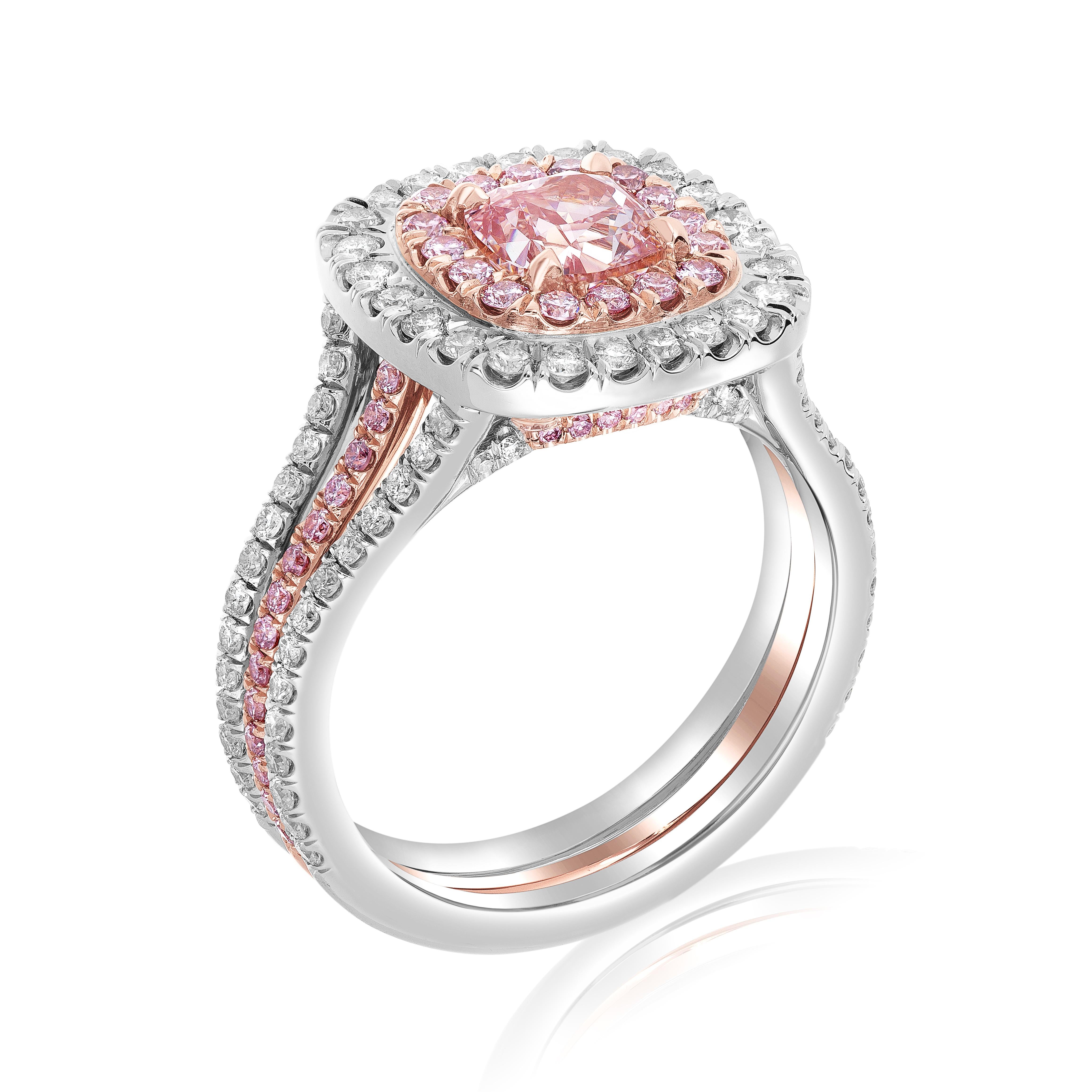 Add some unique flair to your jewelry collection with this handmade fancy orangy pink cushion ring! This one-of-a-kind ring features a beautiful 1.05 carat cushion, VS2, certified by the esteemed GIA with a unique number of 6214484372. The cushion