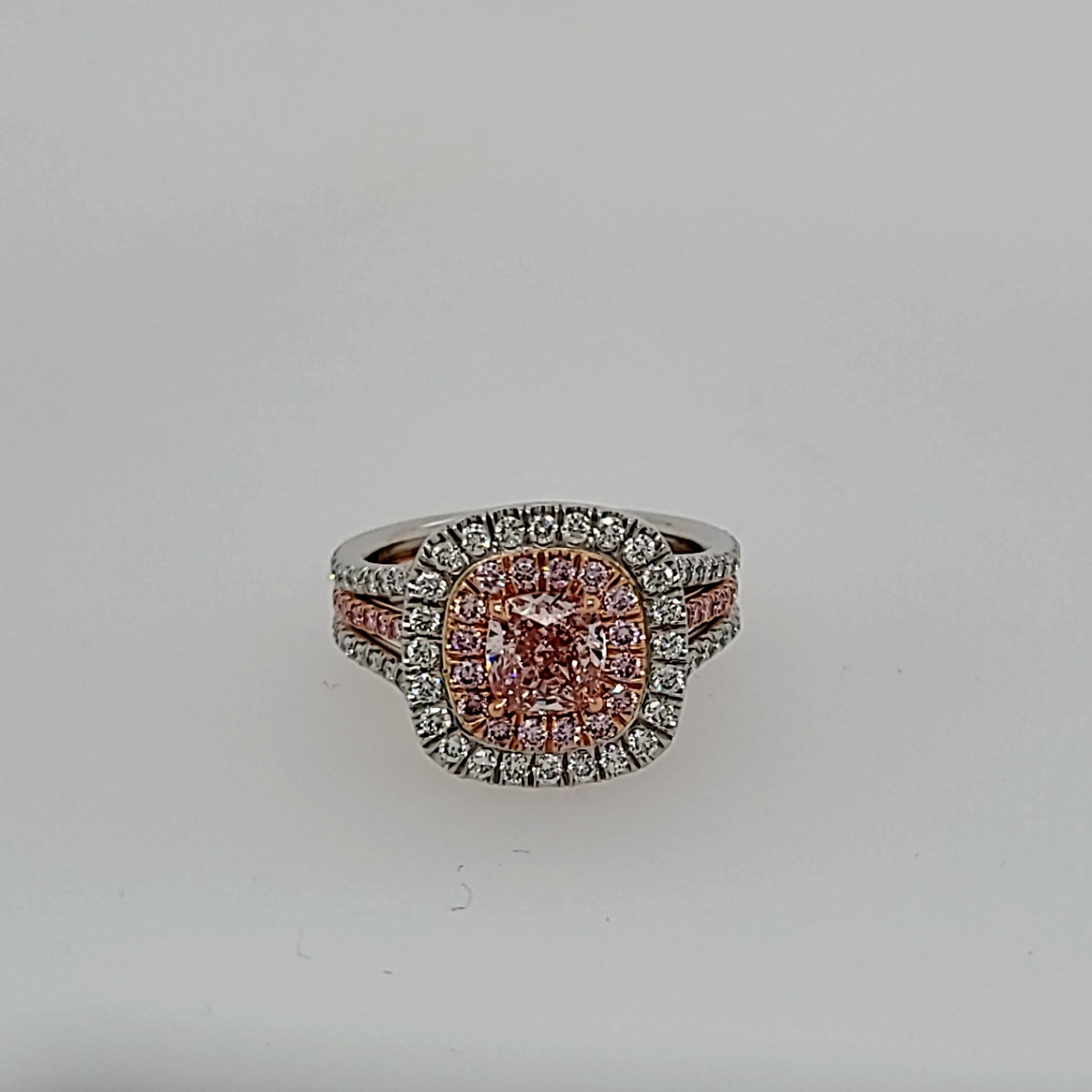 Cushion Cut GIA Certified 1.05 VS2 Very Rare Fancy Orangy Pink Cushion Diamond Ring