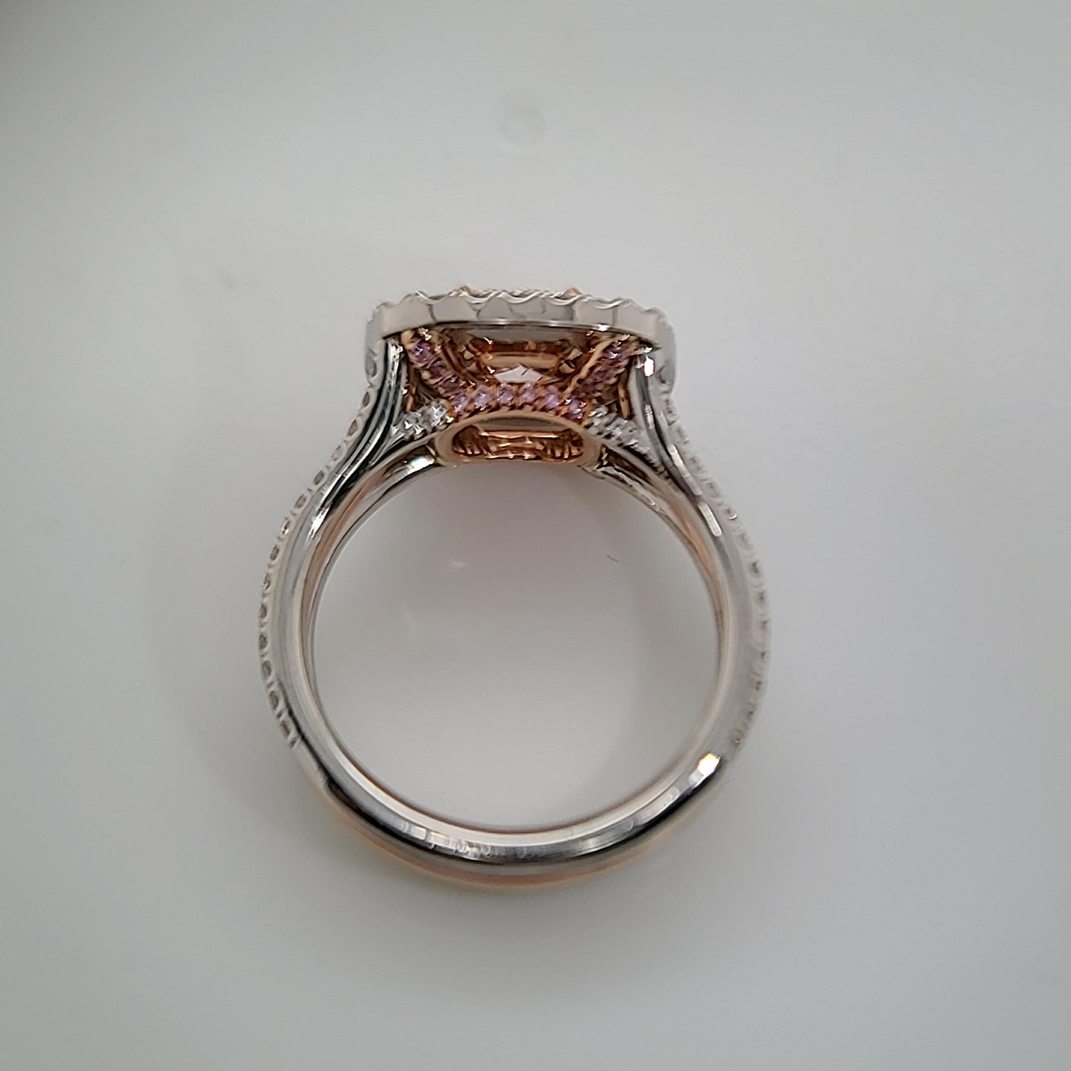 GIA Certified 1.05 VS2 Very Rare Fancy Orangy Pink Cushion Diamond Ring In New Condition In Whippany, NJ