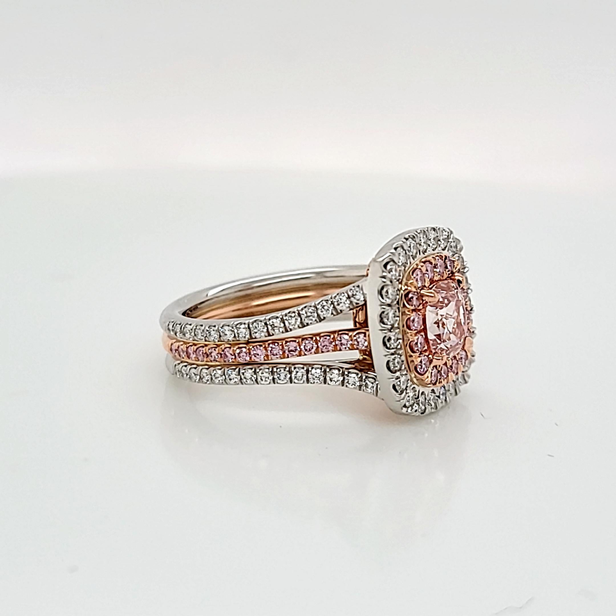 Women's GIA Certified 1.05 VS2 Very Rare Fancy Orangy Pink Cushion Diamond Ring