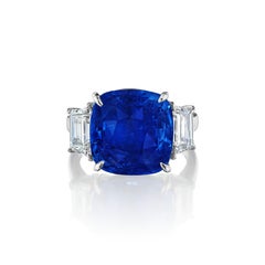 GIA Certified 10.54 Carat No-Heat Cushion Cut Blue Sapphire and Diamond Ring