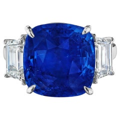 GIA Certified 10.54 Carat No-Heat Cushion Cut Blue Sapphire and Diamond Ring