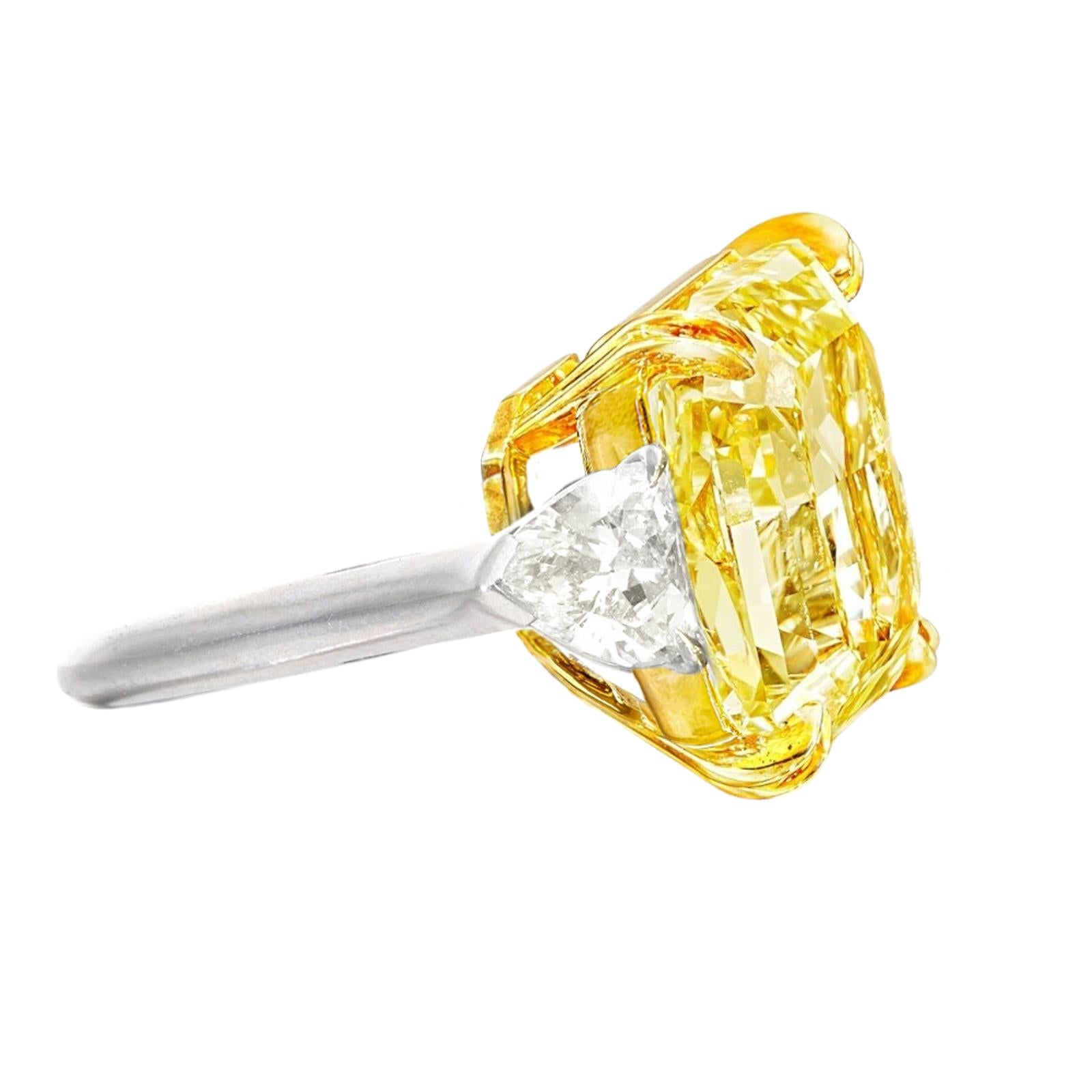 Contemporary GIA Certified 10.57 Ct Fancy Yellow Diamond Ring with Trillion For Sale
