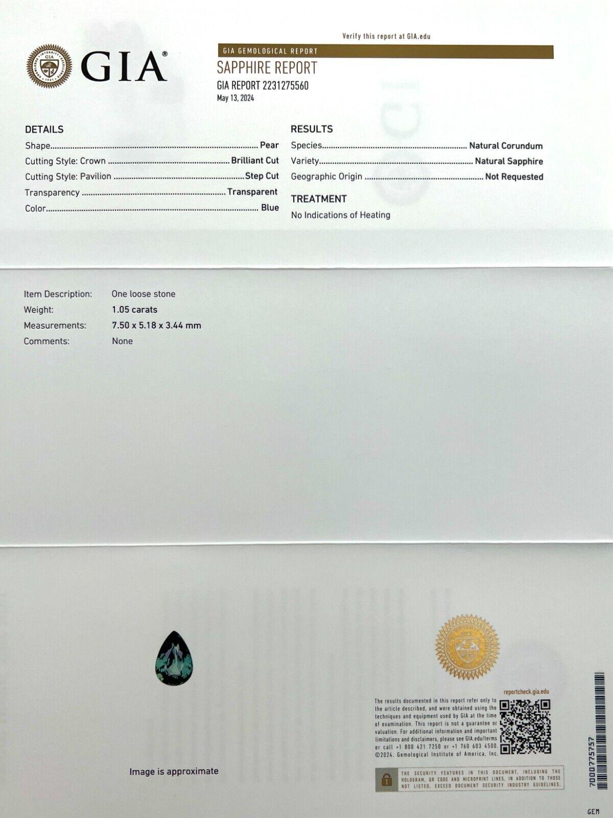 Pear Cut Gia Certified 1.05ct Unique Vivid Blue Untreated Sapphire Pear Teardrop Cut For Sale
