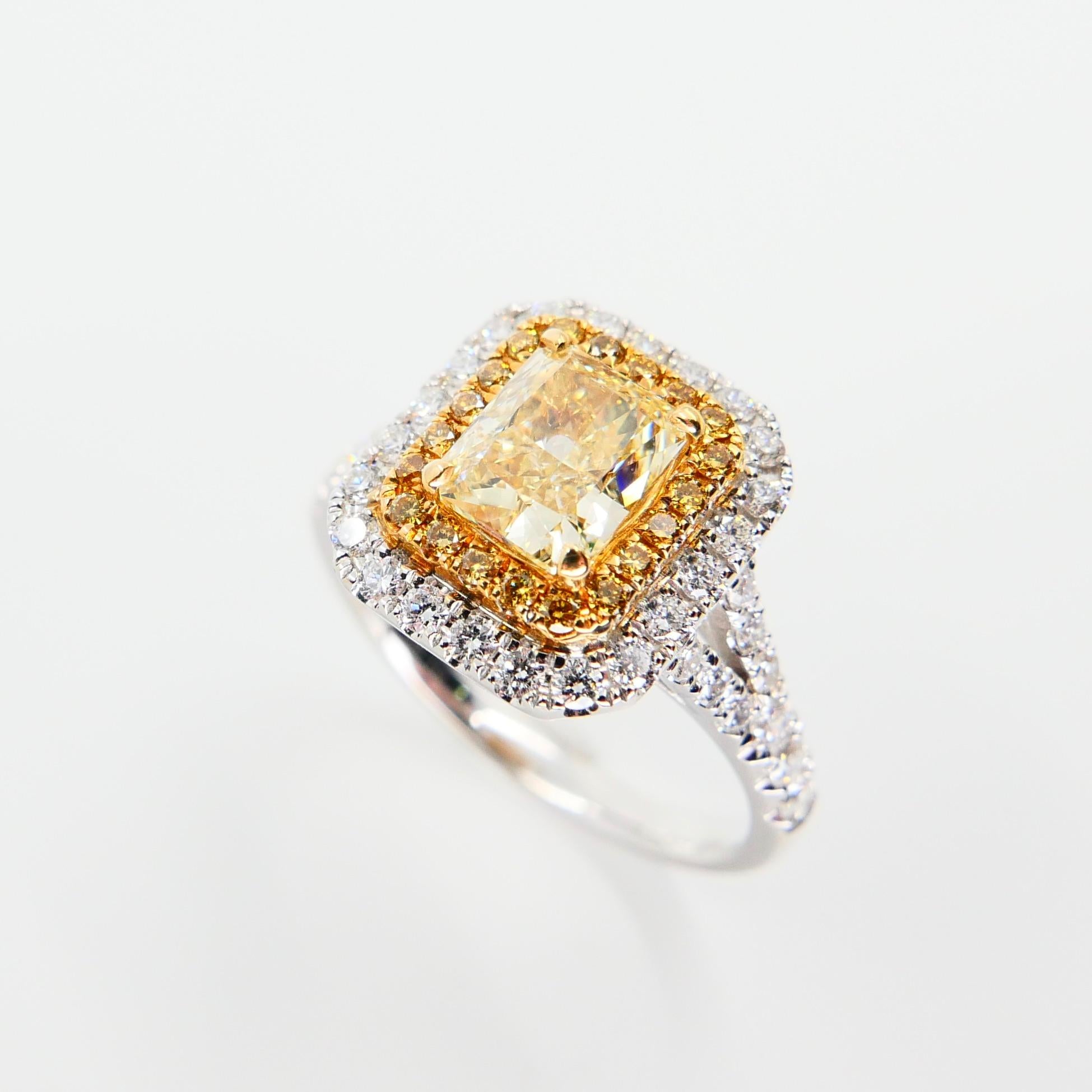 GIA Certified Yellow Diamond 6.1mm x 5.1mm Ring. Classic Double Halo Setting. For Sale 4