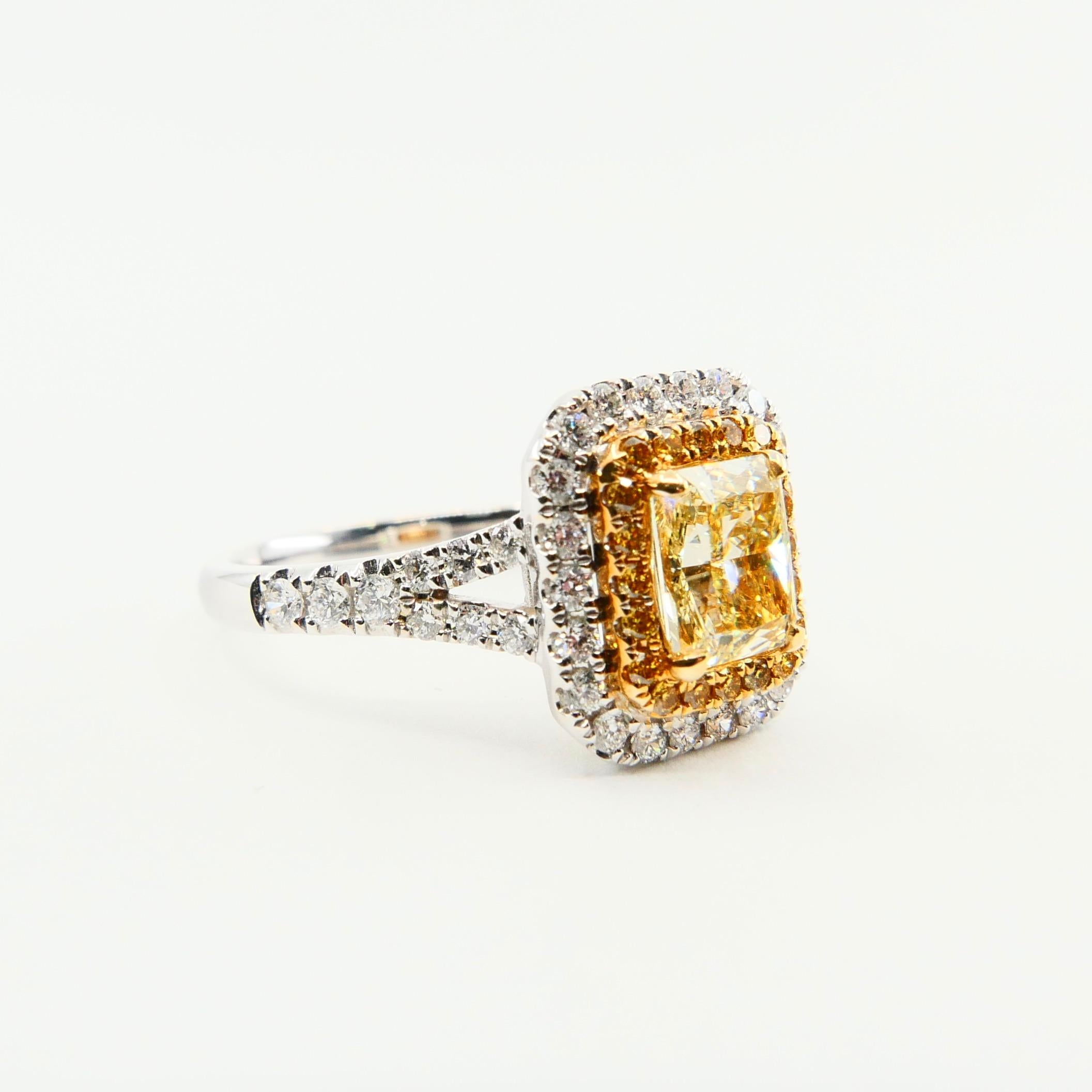 GIA Certified Yellow Diamond 6.1mm x 5.1mm Ring. Classic Double Halo Setting. For Sale 5