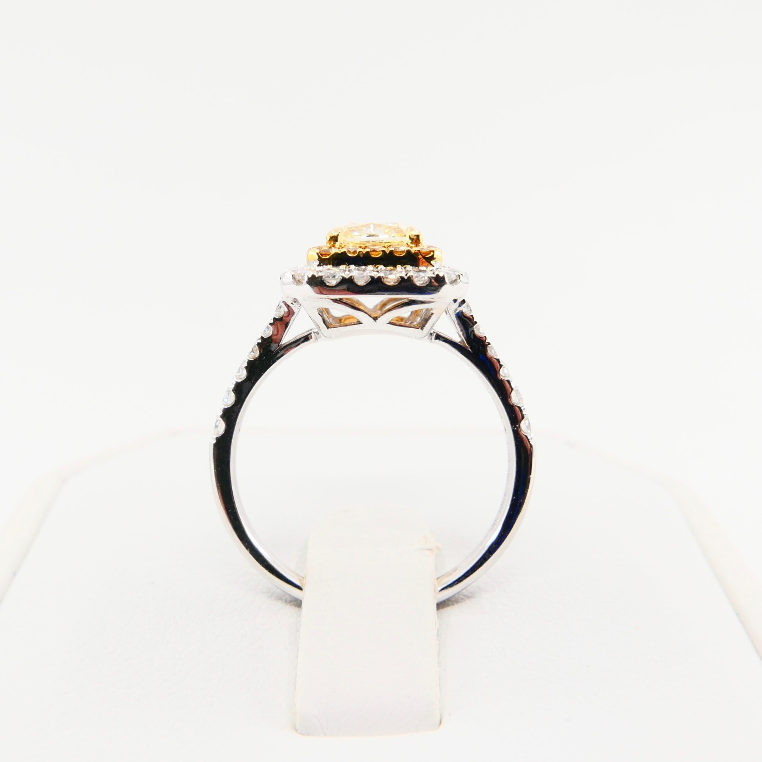 GIA Certified Yellow Diamond 6.1mm x 5.1mm Ring. Classic Double Halo Setting. For Sale 7