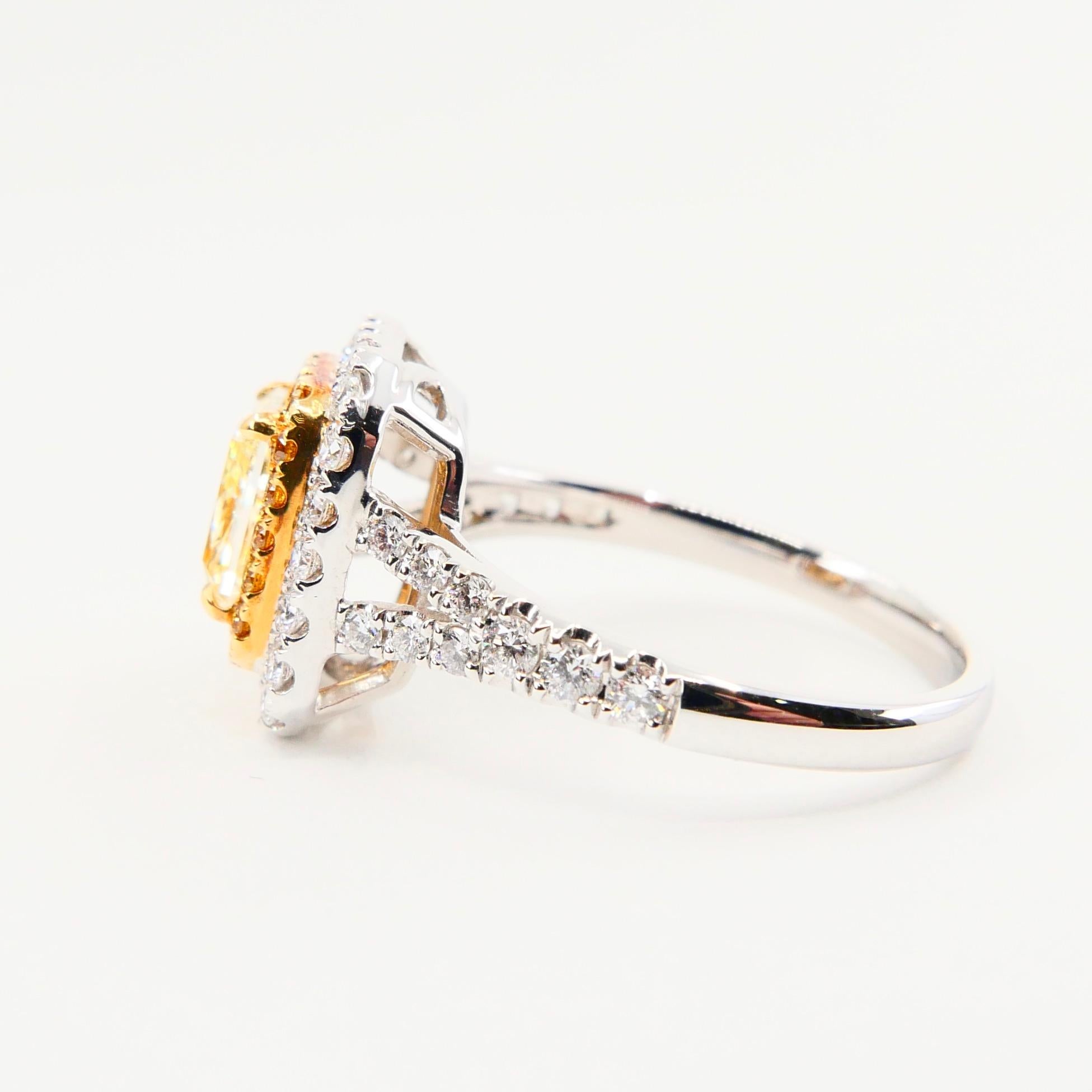 Radiant Cut GIA Certified 1.06 Carat Cape Yellow Diamond Cocktail Ring, Double Halo Setting For Sale