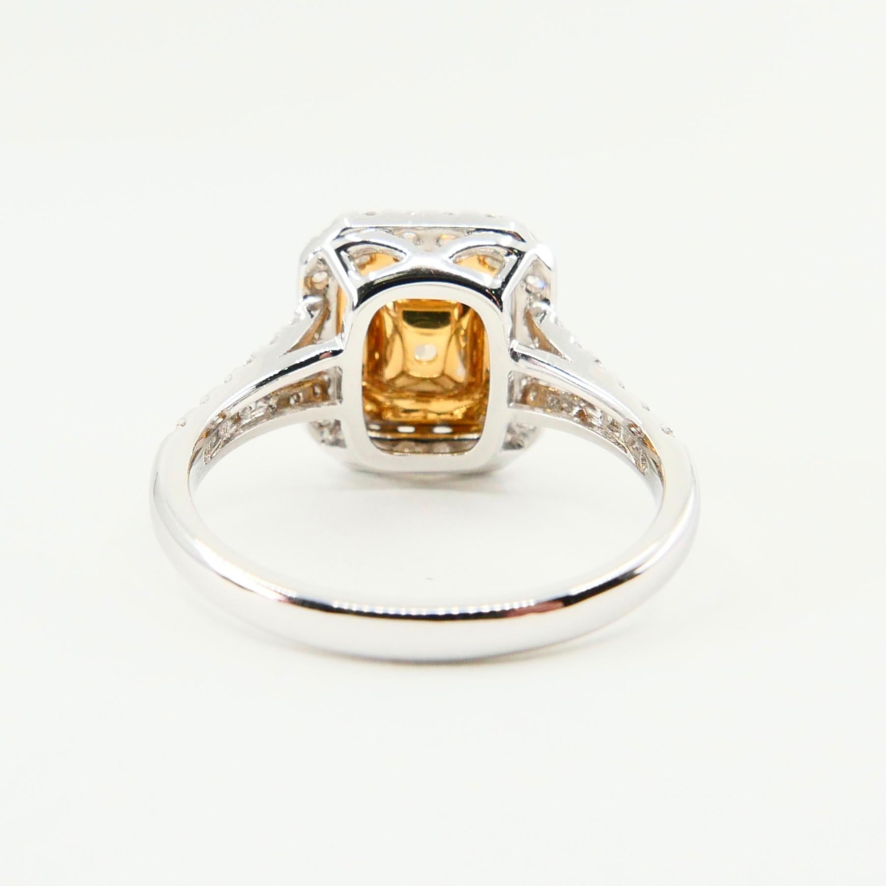 GIA Certified Yellow Diamond 6.1mm x 5.1mm Ring. Classic Double Halo Setting. In New Condition For Sale In Hong Kong, HK