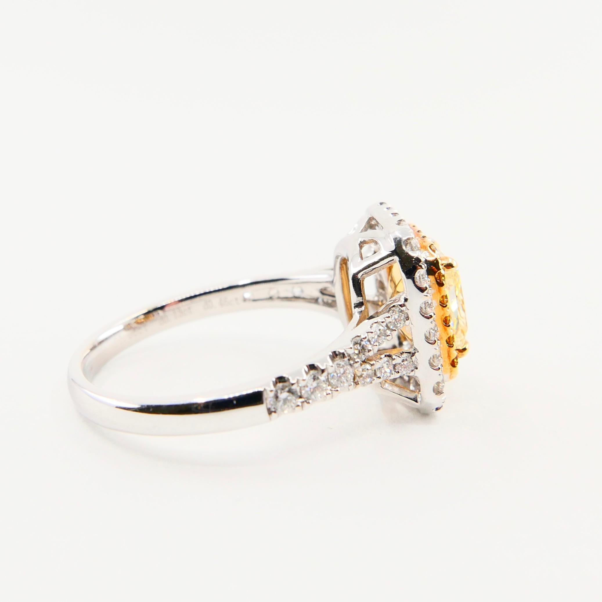 Women's GIA Certified Yellow Diamond 6.1mm x 5.1mm Ring. Classic Double Halo Setting. For Sale