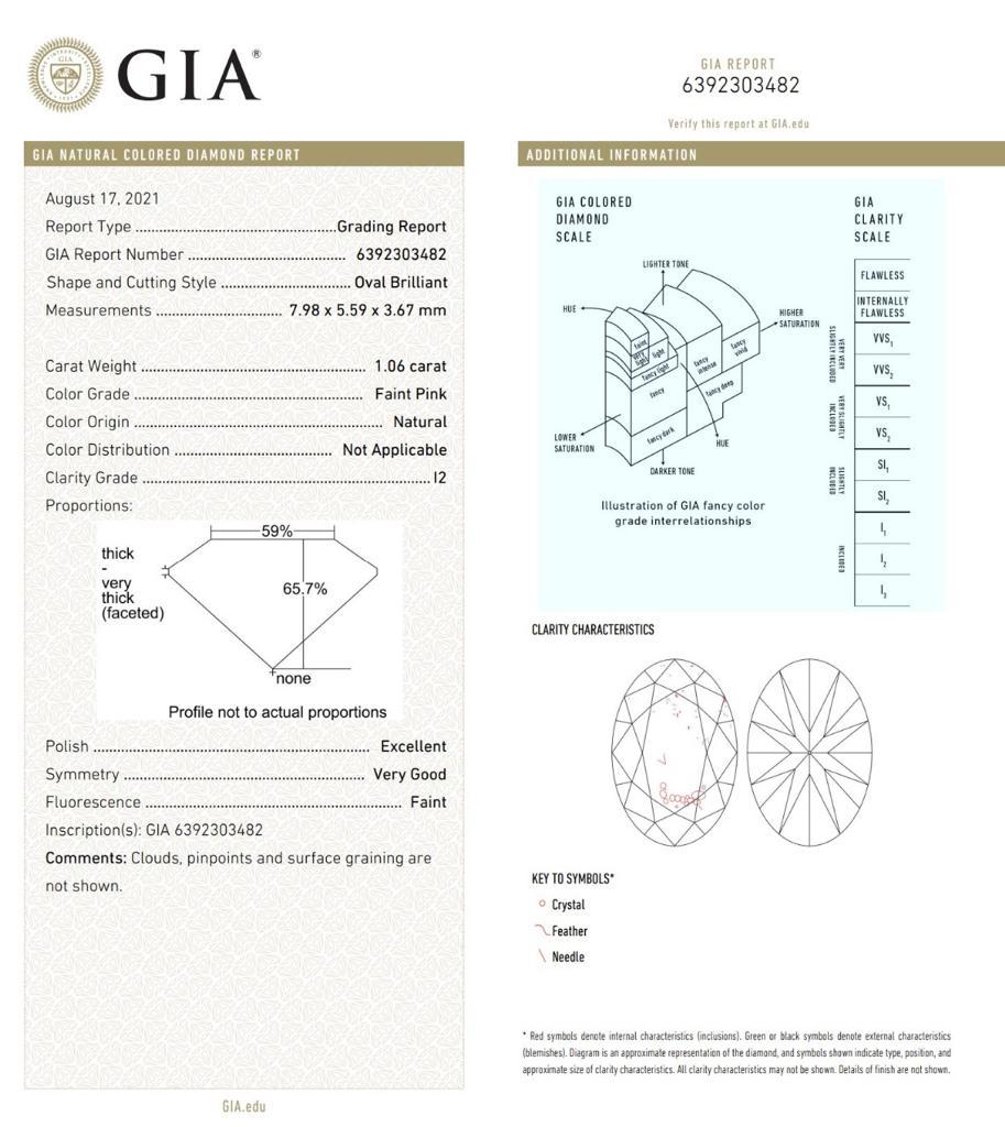 Anello con diamante certificato GIA da 1,06 carati di colore rosa tenue con purezza I2 in vendita 3