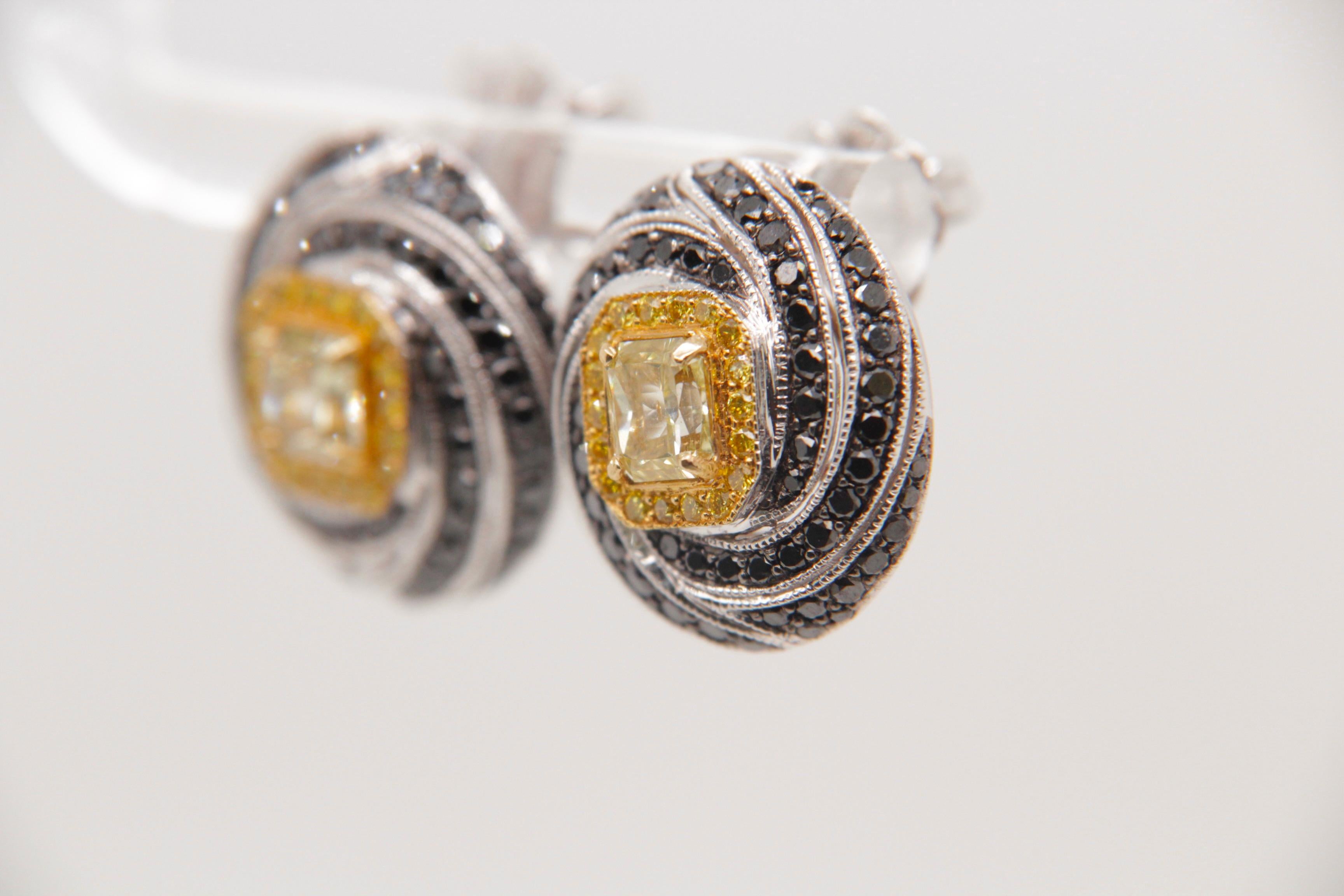 Presenting a unique pair of earrings featuring GIA Certified Fancy Yellow diamonds, weighing 0.52 and 0.55 carats each (GIA Certificate numbers: 5222387434 and 6224387249). These vibrant yellow diamonds add a captivating touch of color and