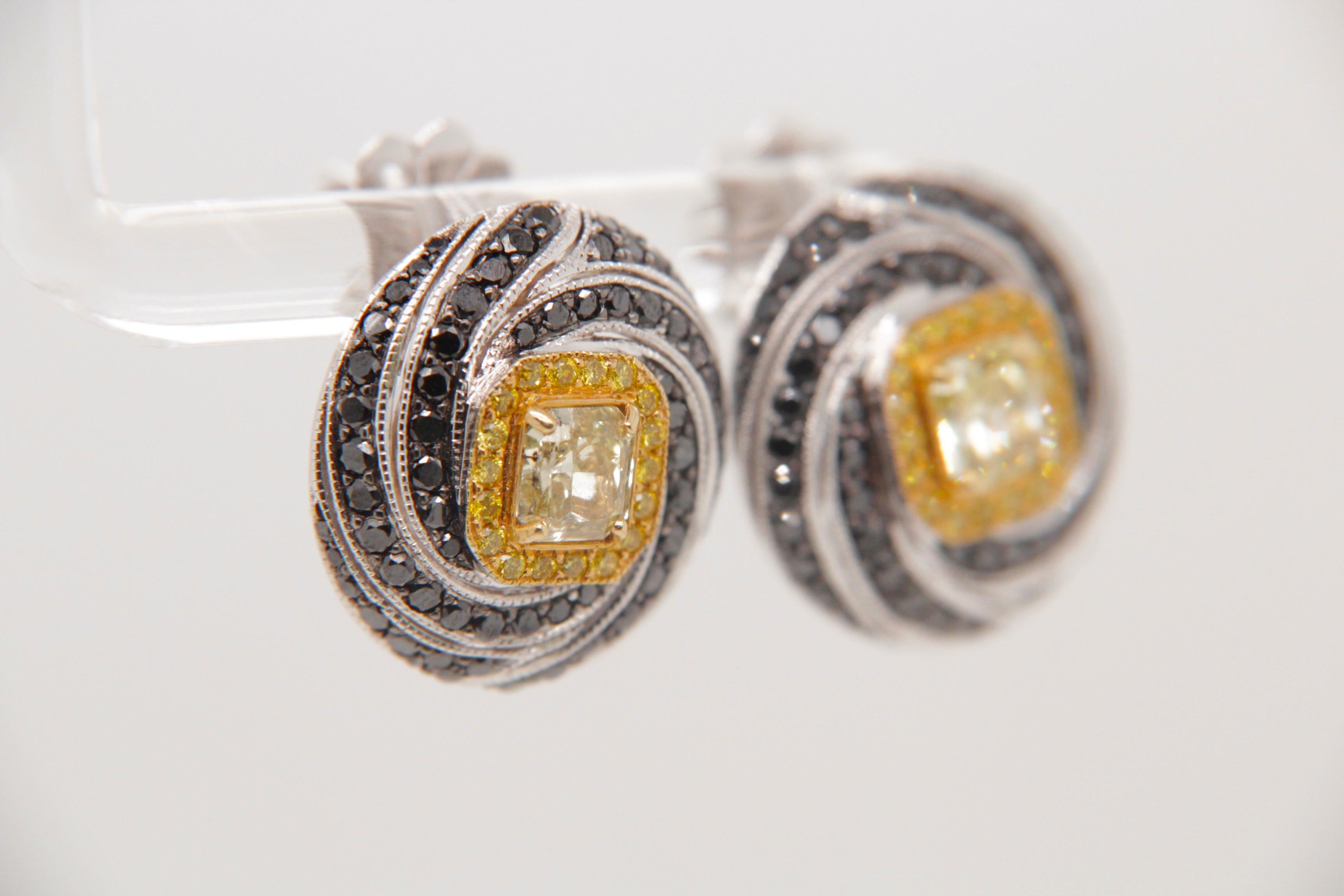 Cushion Cut GIA Certified 1.06 carat Fancy Yellow and Black Diamond Spiral Stud Earrings For Sale