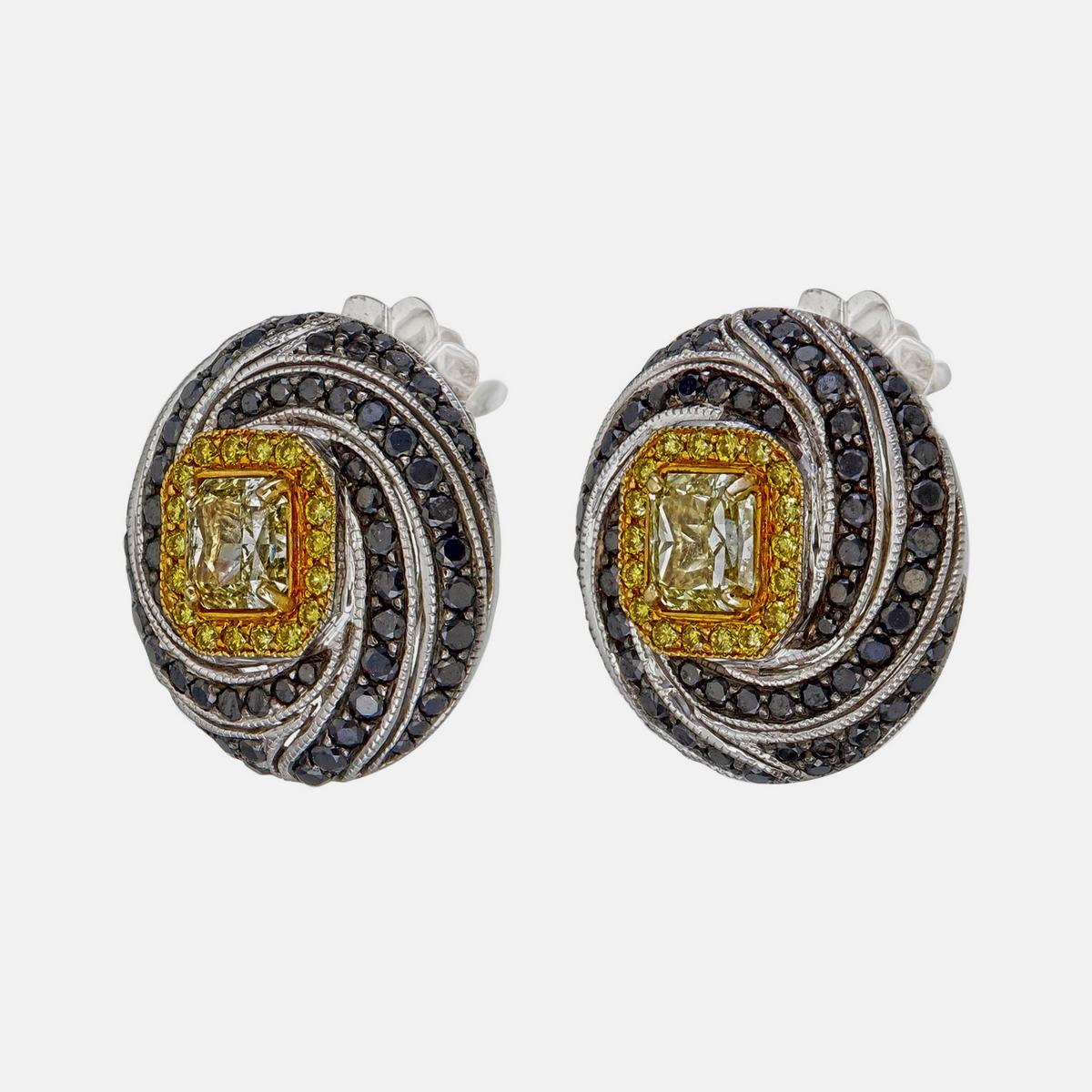 GIA Certified 1.06 carat Fancy Yellow and Black Diamond Spiral Stud Earrings For Sale 1