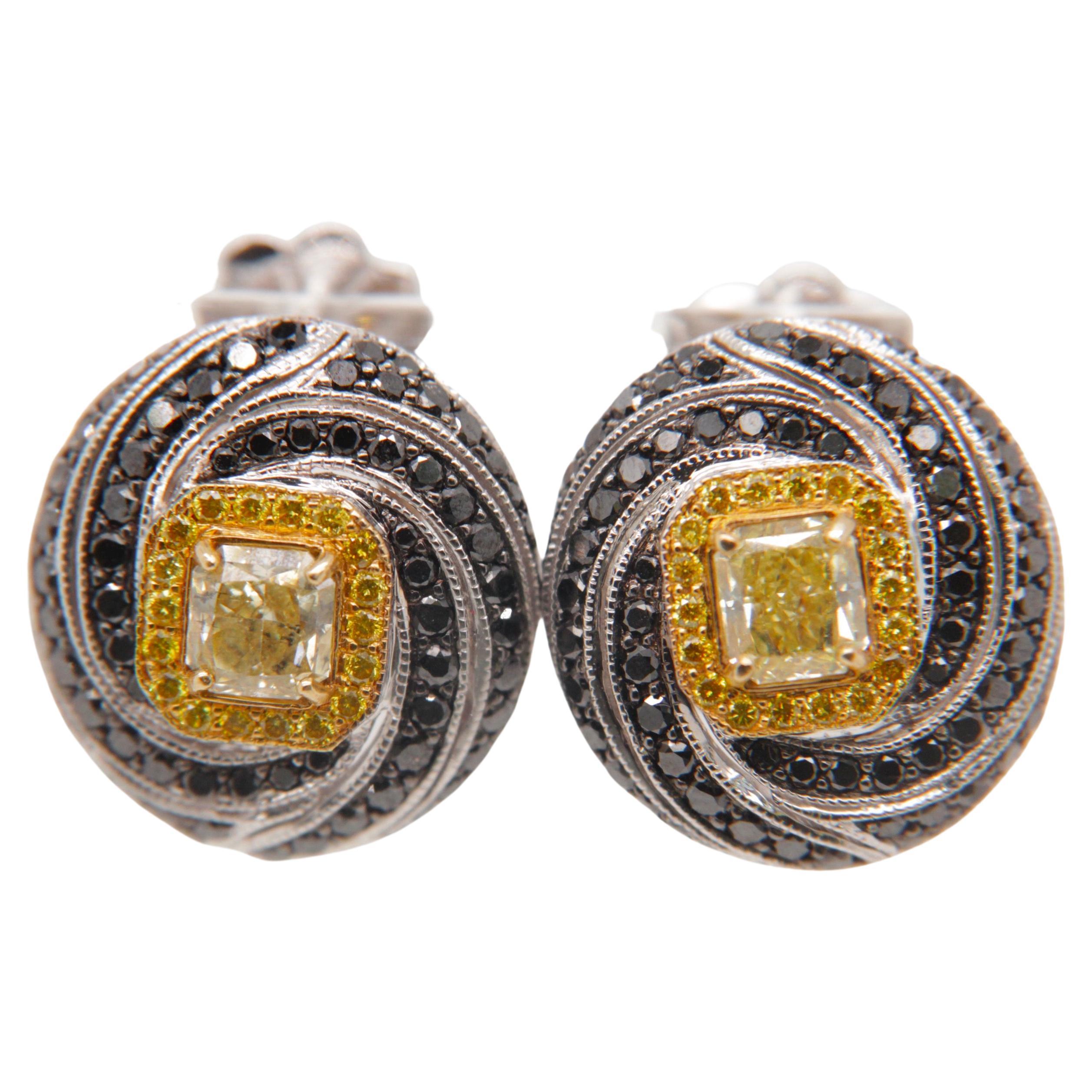 GIA Certified 1.06 carat Fancy Yellow and Black Diamond Spiral Stud Earrings For Sale