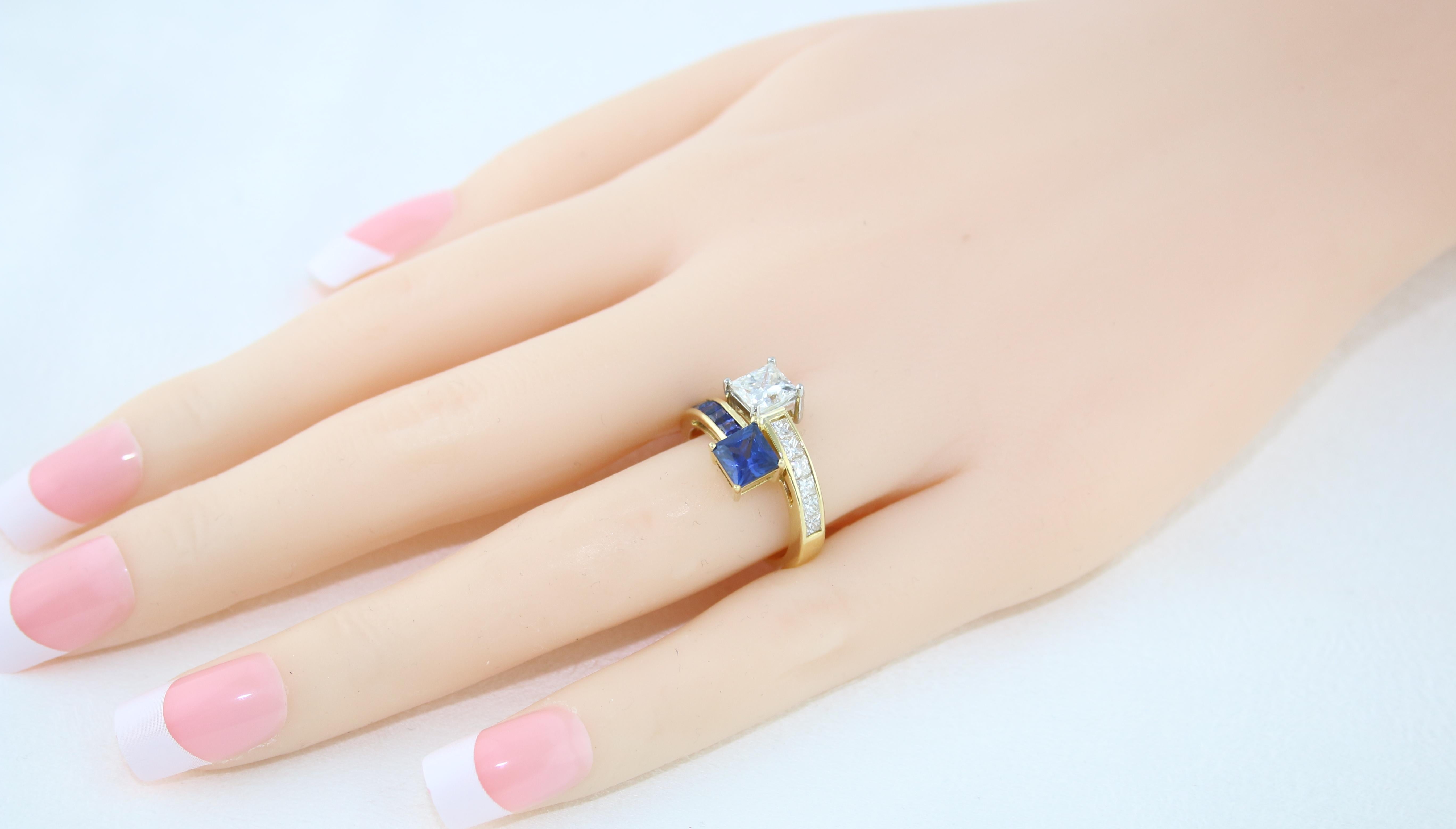 GIA Certified 1.06 Carat G VS2 Princess Cut Diamond Sapphire Gold Bypass Ring 1