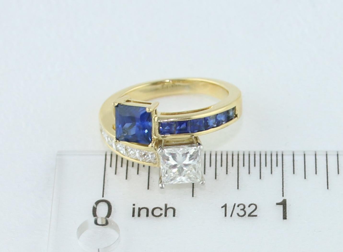 GIA Certified 1.06 Carat G VS2 Princess Cut Diamond Sapphire Gold Bypass Ring 2