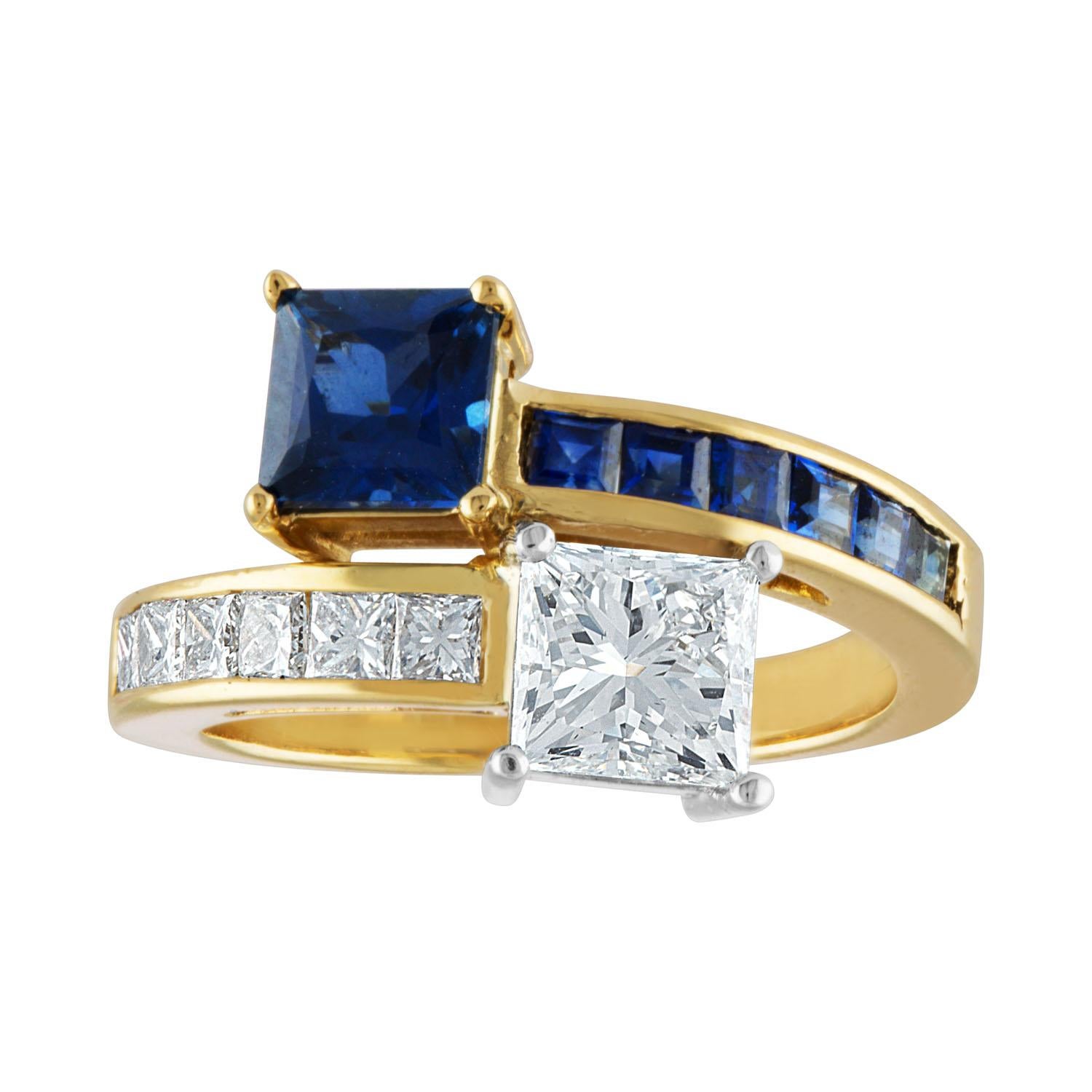 GIA Certified 1.06 Carat G VS2 Princess Cut Diamond Sapphire Gold Bypass Ring