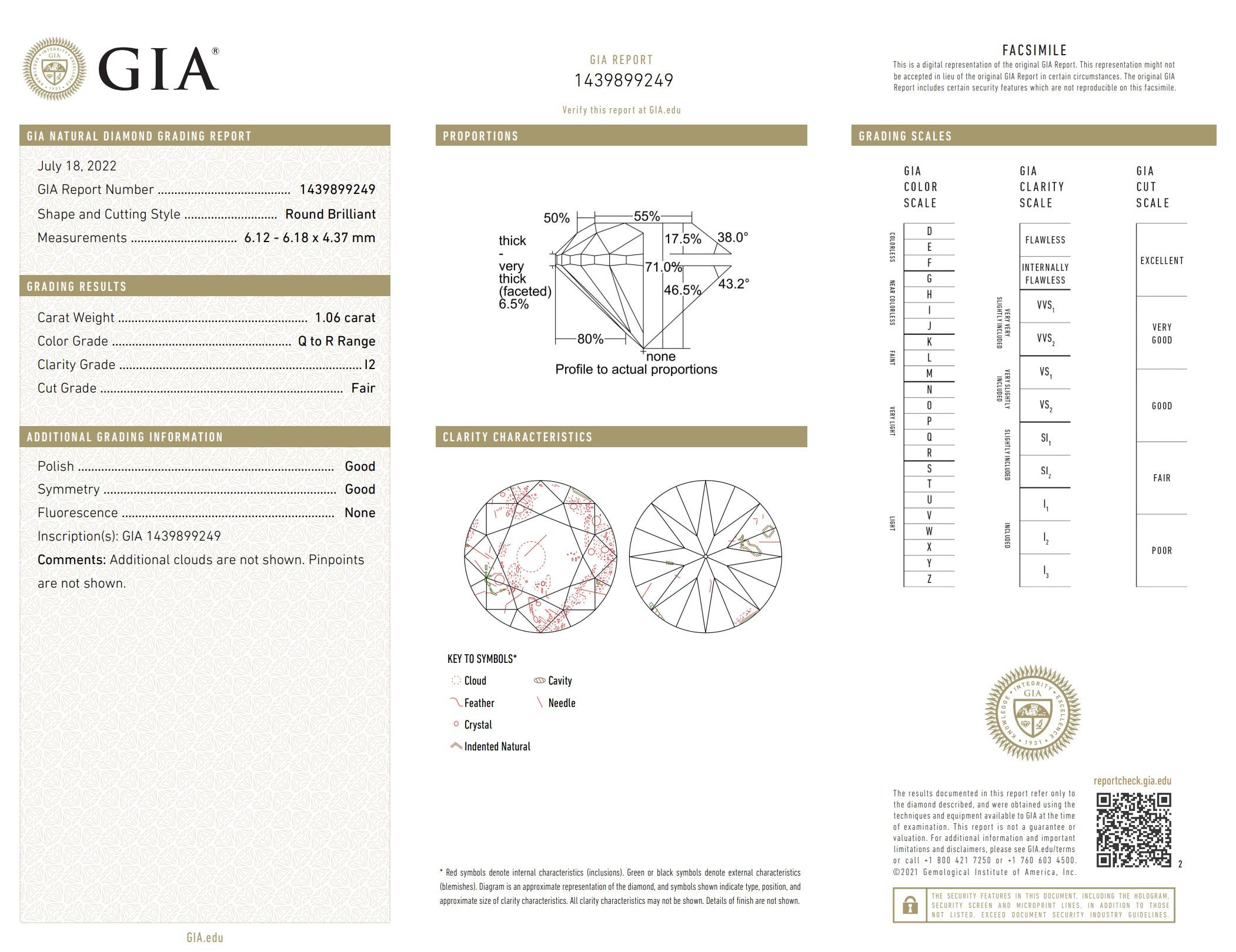 Diamante certificato GIA da 1,06 carati con colore Q - R e chiarezza I2 in vendita 1