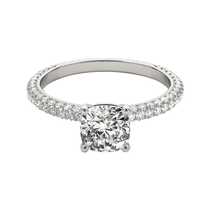 Bague à diamant certifiée GIA de 1,06 carat, solitaire coussin rond, pavé, en platine