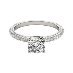 Bague à diamant certifiée GIA de 1,06 carat, solitaire coussin rond, pavé, en platine