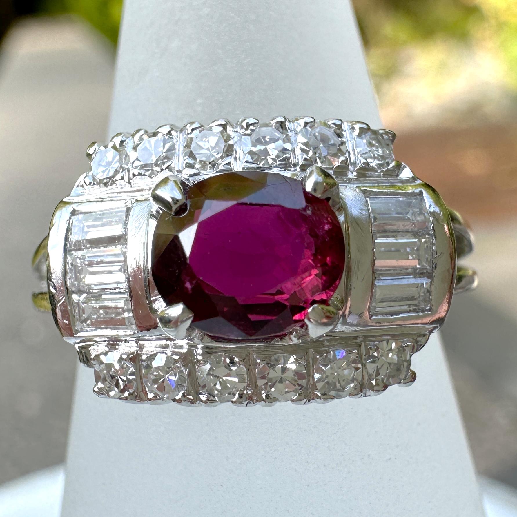 GIA-Certified 1.06 Carat Ruby in Deco-Era Platinum Ring with 0.7 Carats Diamonds In Excellent Condition For Sale In Sherman Oaks, CA