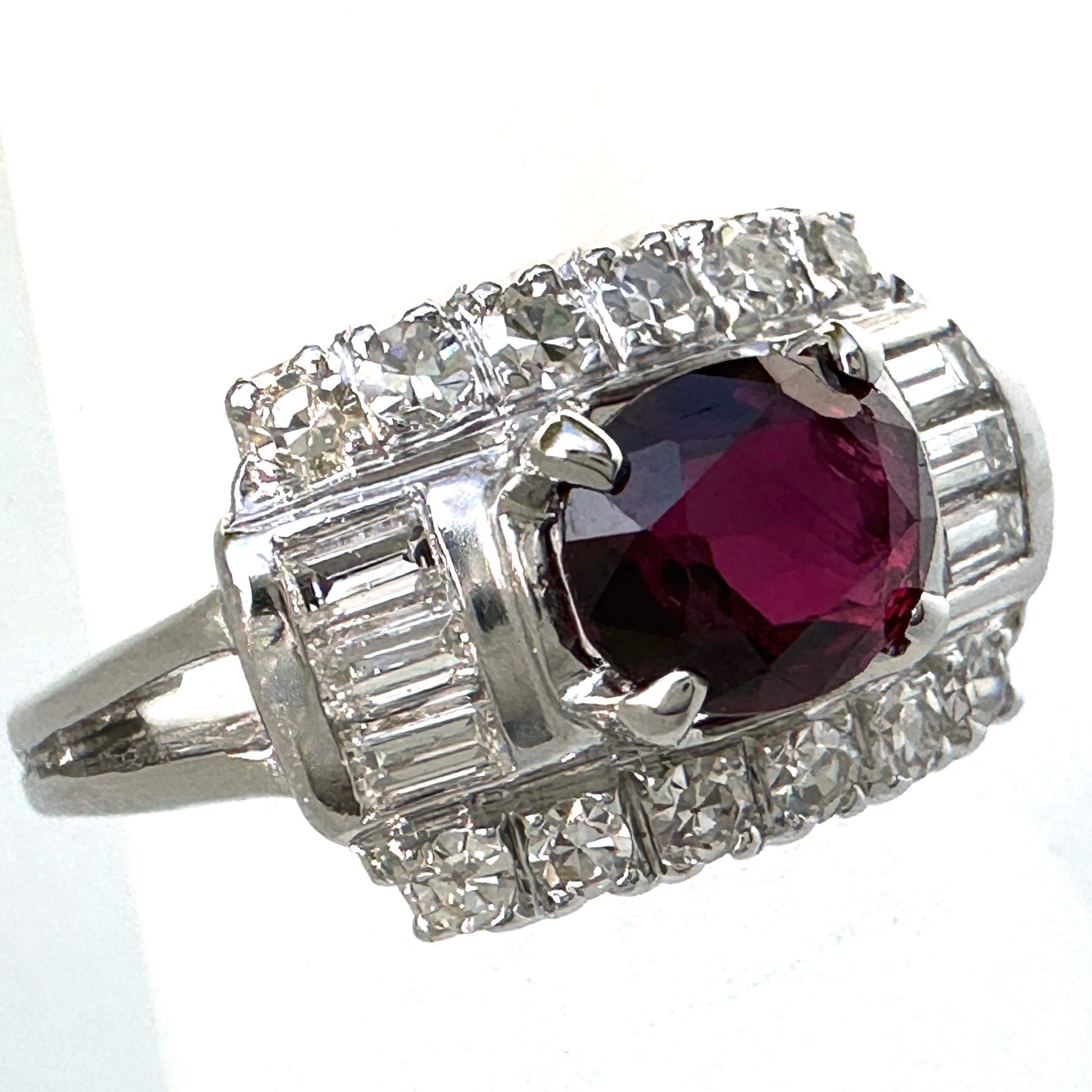 Women's GIA-Certified 1.06 Carat Ruby in Deco-Era Platinum Ring with 0.7 Carats Diamonds For Sale