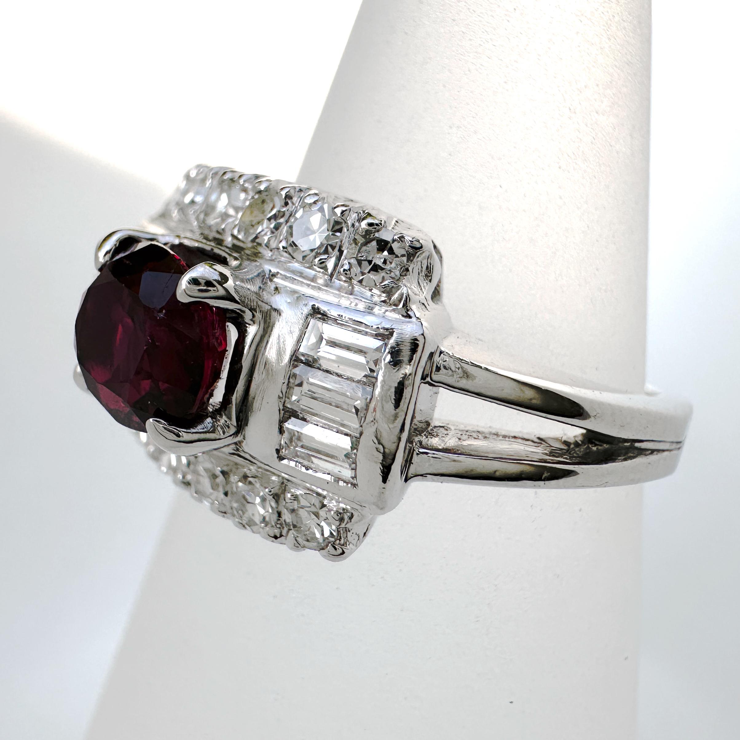 GIA-Certified 1.06 Carat Ruby in Deco-Era Platinum Ring with 0.7 Carats Diamonds For Sale 1