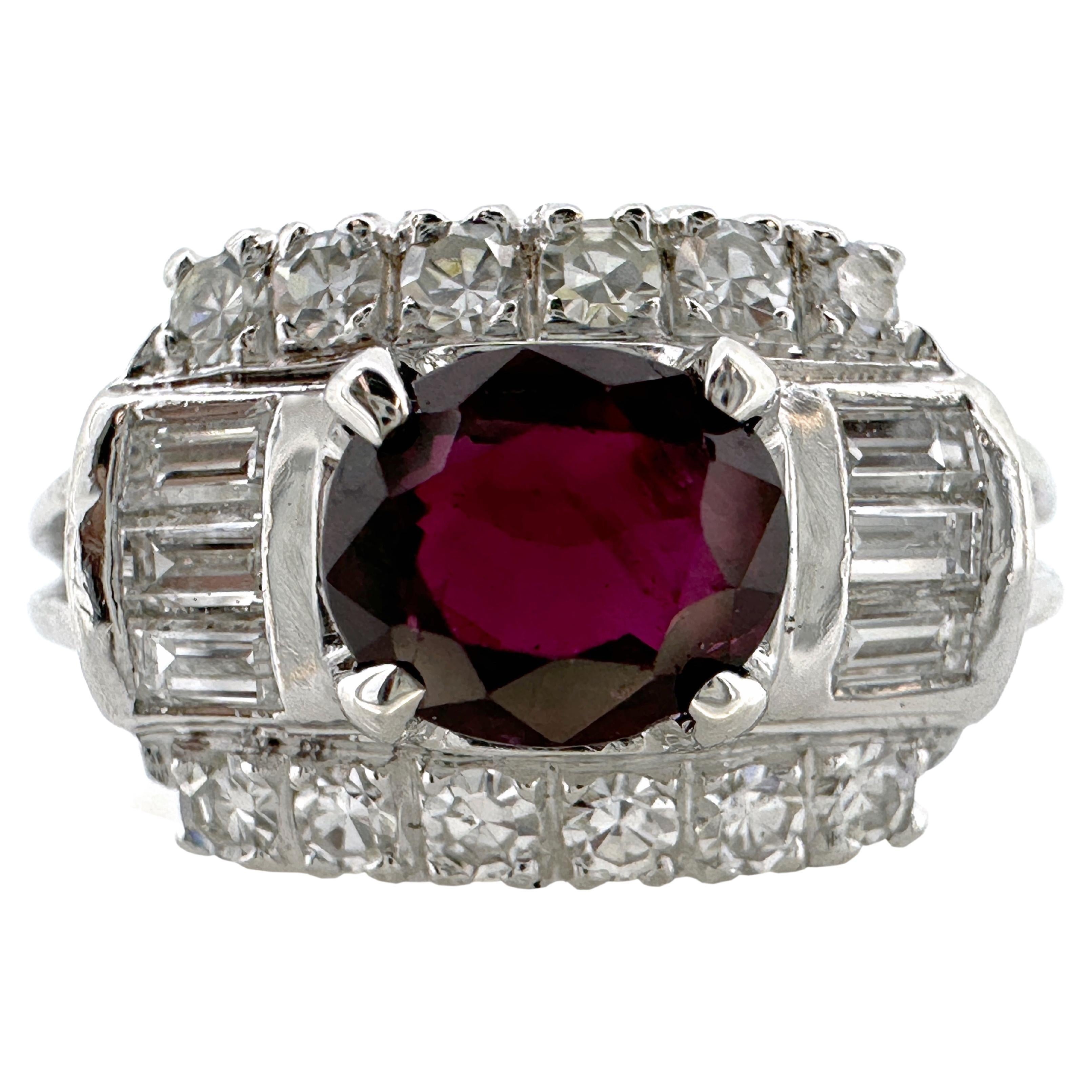 GIA-Certified 1.06 Carat Ruby in Deco-Era Platinum Ring with 0.7 Carats Diamonds For Sale