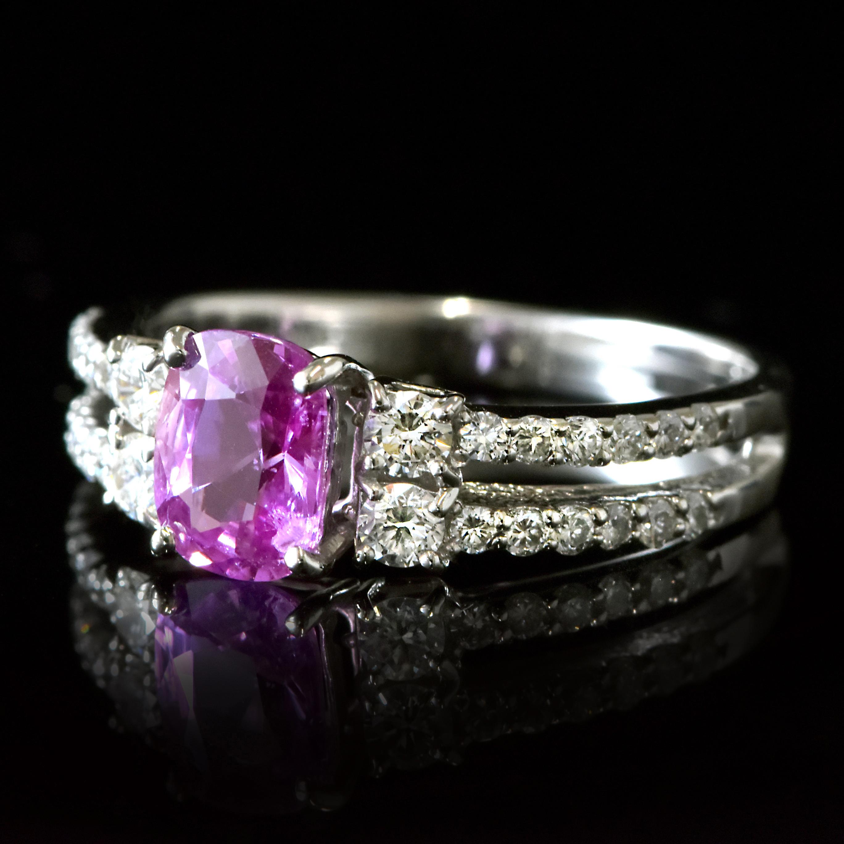 GIA Certified 1.06 Carat Unheated Pink Sapphire & Diamond Ring Made in Platinum For Sale 5