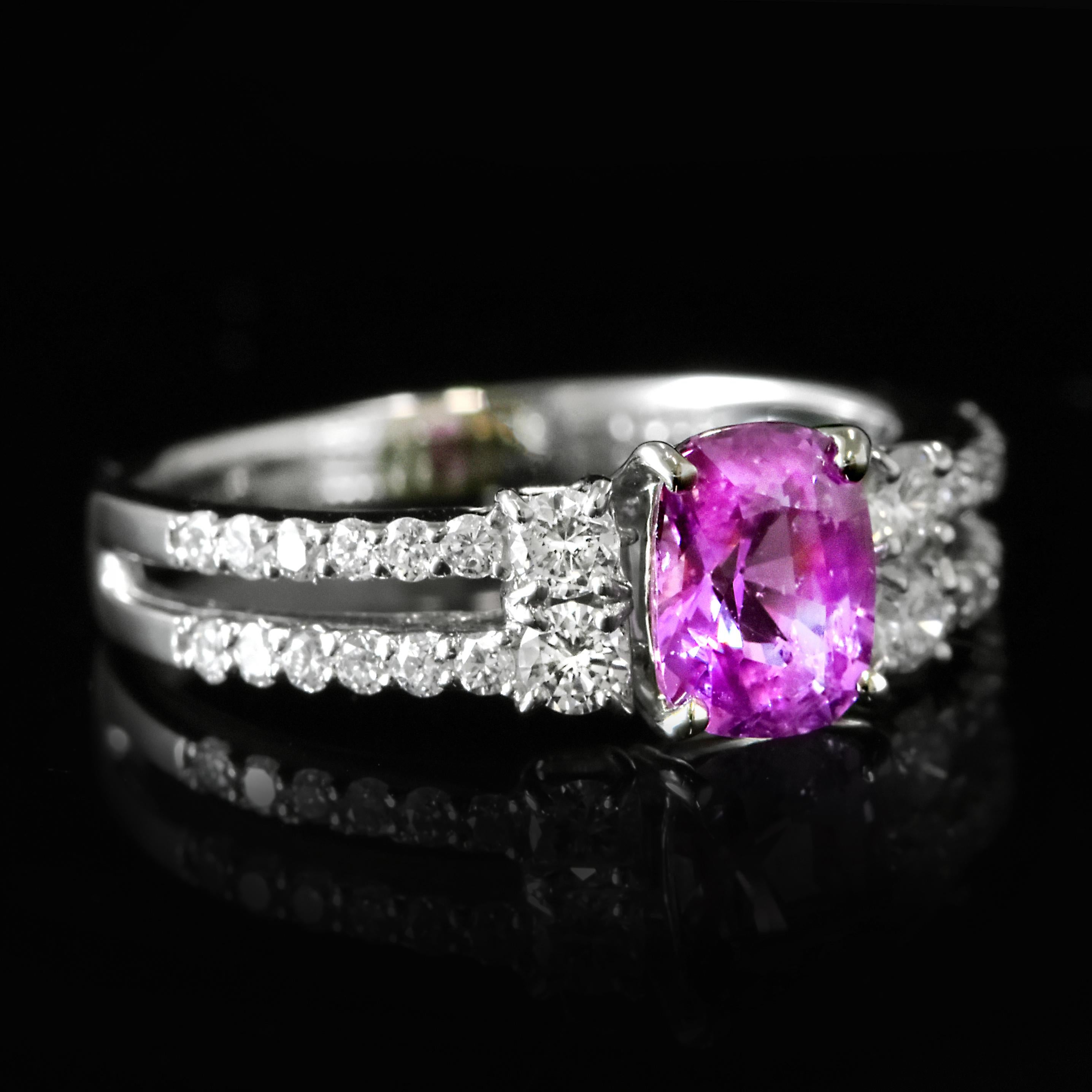 GIA Certified 1.06 Carat Unheated Pink Sapphire & Diamond Ring Made in Platinum For Sale 6