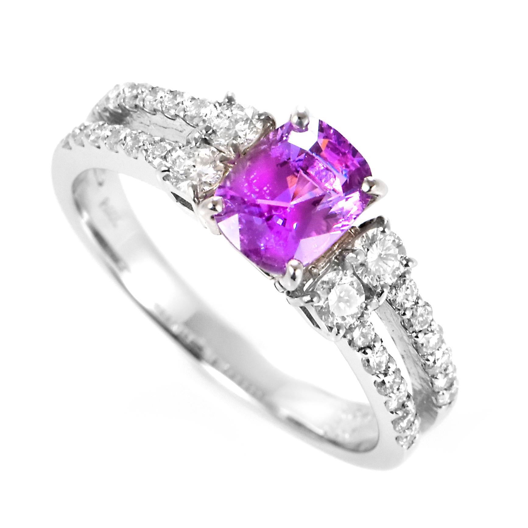 A beautiful ring featuring GIA Certified 1.06 Carat Natural Unheated Pink Sapphire and 0.45 Carats of Diamond Accents made in Platinum. Sapphires have extraordinary durability - they excel in hardness as well as toughness and durability making them