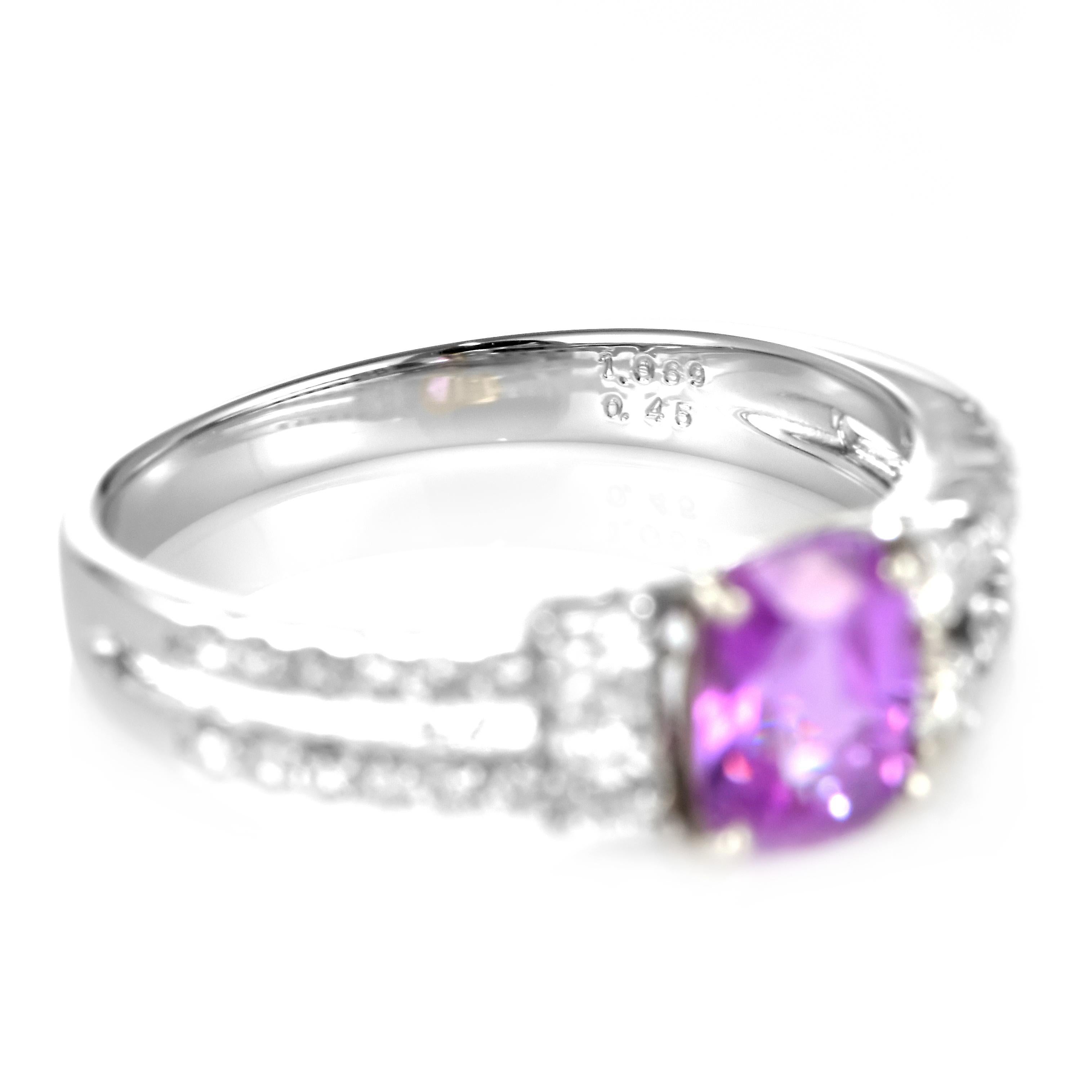 Cushion Cut GIA Certified 1.06 Carat Unheated Pink Sapphire & Diamond Ring Made in Platinum For Sale