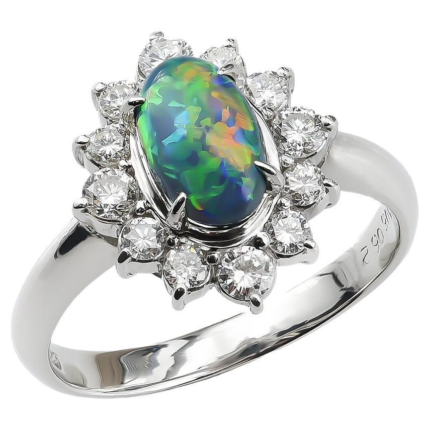 Natural Black Opal Stone 1.06 cts in Platinum Ring with Diamonds with GIA Report