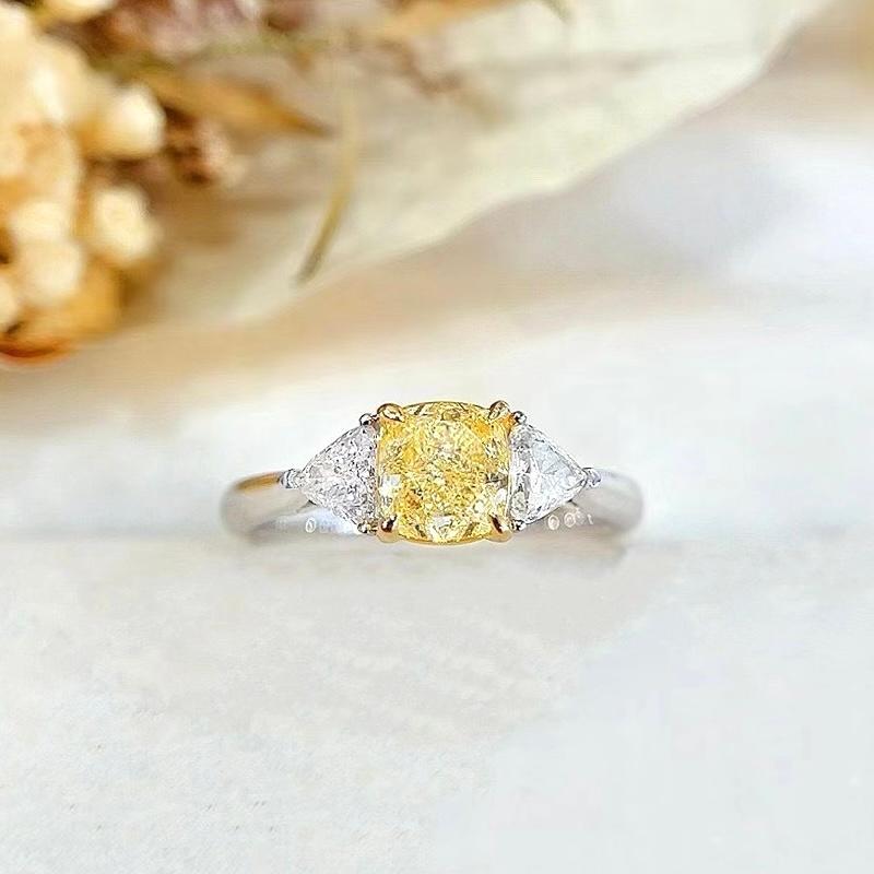 Cushion Cut GIA Certified 1.06 CT Fancy Light Yellow Diamond Three-Stone Ring For Sale