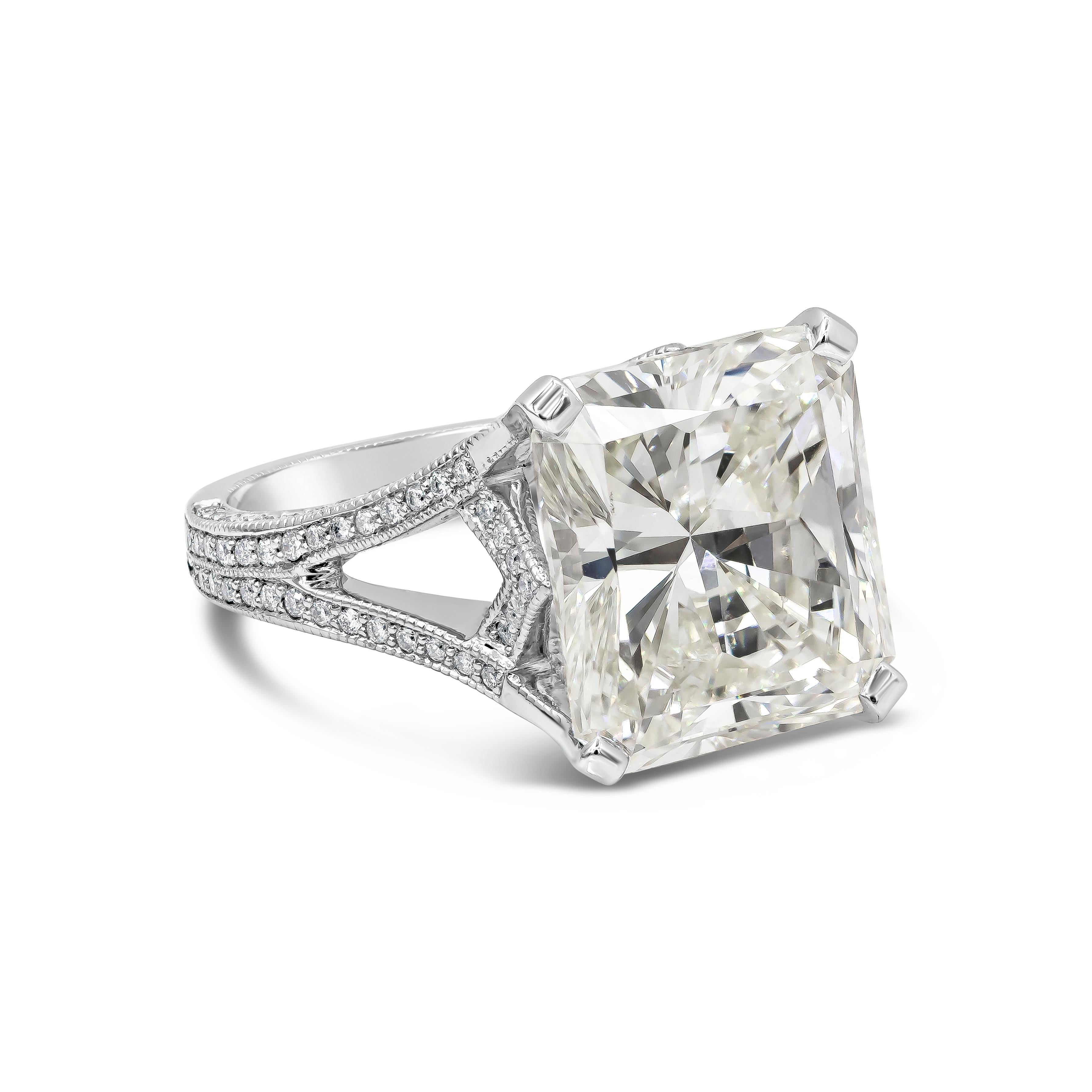 Showcasing a GIA Certified 10.65 carat radiant cut diamond center stone, K Color and Si1 in Clarity. Set on an intricate double shank design that merges into a single shank half way through the ring. Accenting round diamonds weighing 1.50 carats