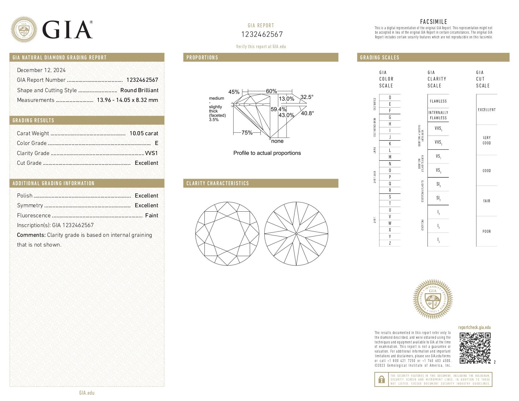 Women's GIA Certified 10.05 Carat Round Cut Diamond E Color VVS1 Clarity Ring in Platinm For Sale