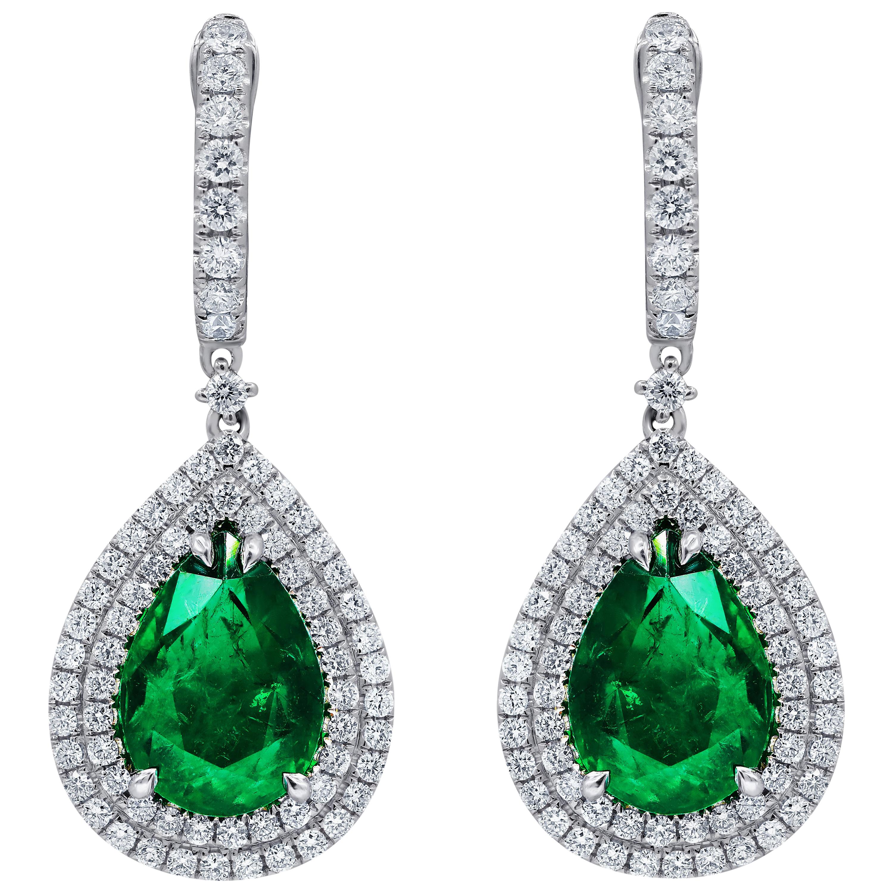 GIA Certified 10.68 Carats Green Emerald and Diamond Earrings