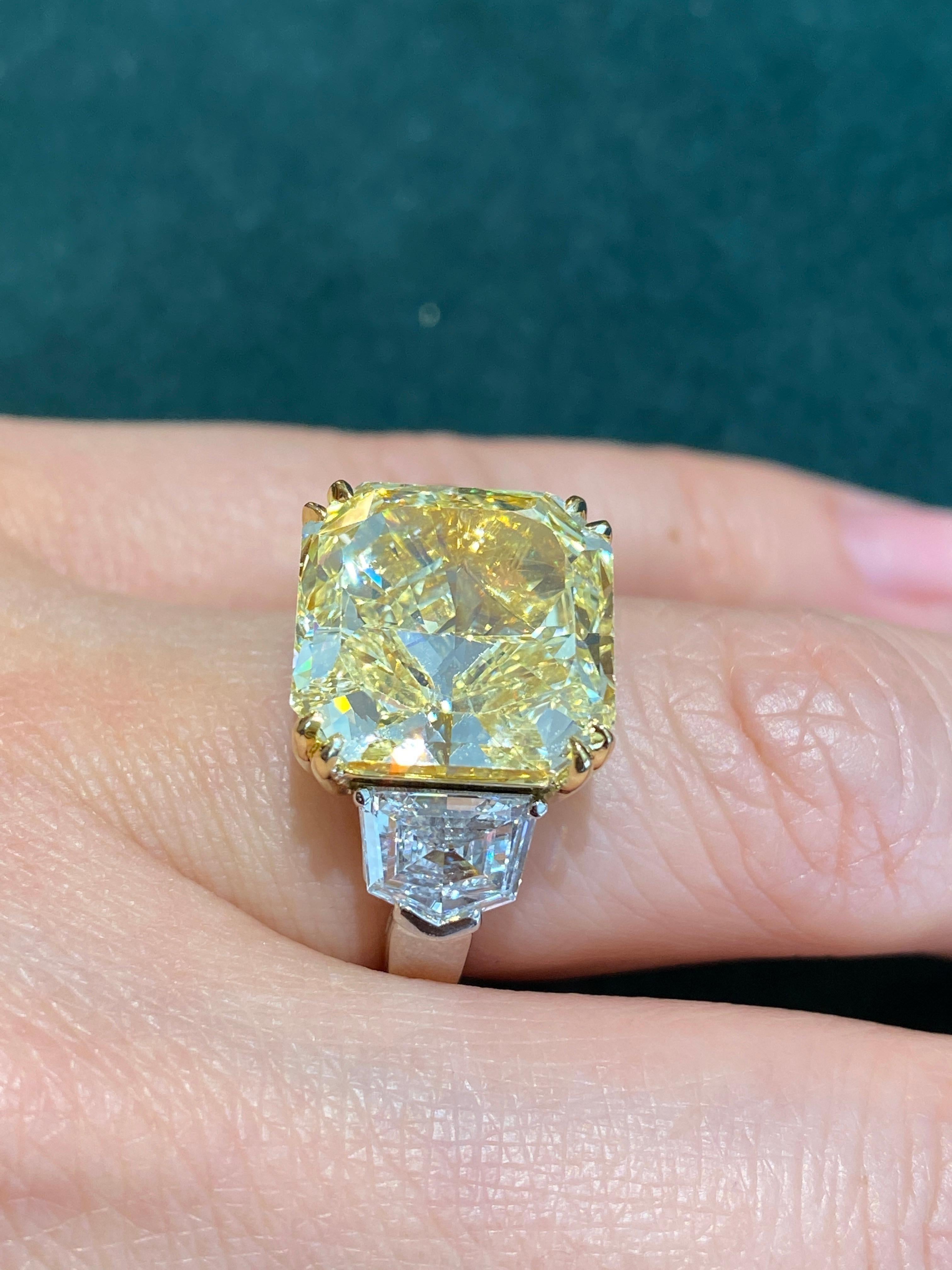 Radiant Cut GIA Certified 10.69 ct Fancy Yellow VVS2 Radiant Diamond Ring in Platinum/18KYG For Sale