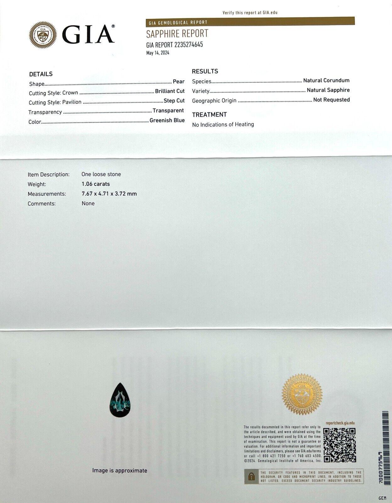 Pear Cut Gia Certified 1.06ct Natural Green Blue Teal Sapphire Untreated Pear Teardrop For Sale