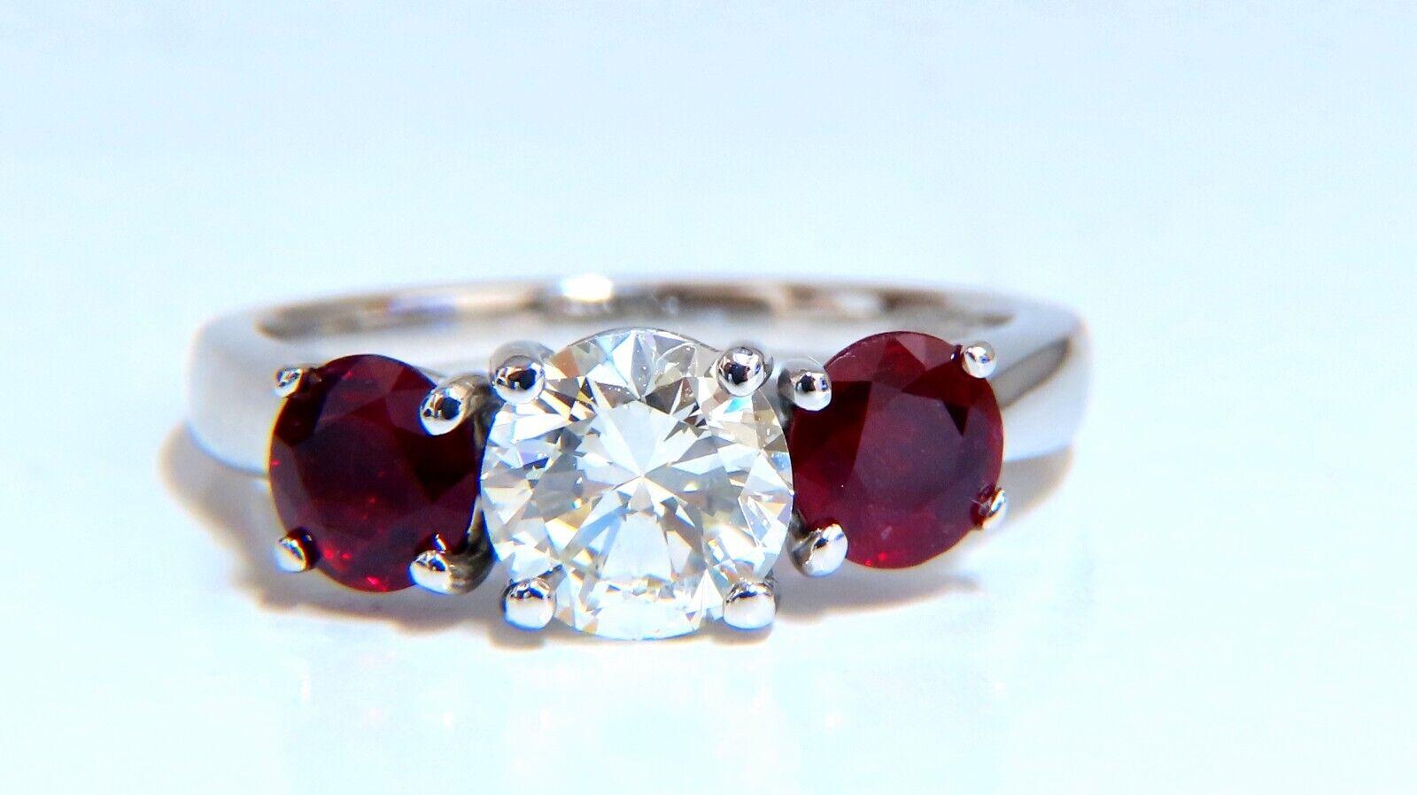 GIA Certified 1.06ct Natural Round Diamond Ruby Ring Classic Three Platinum In New Condition For Sale In New York, NY