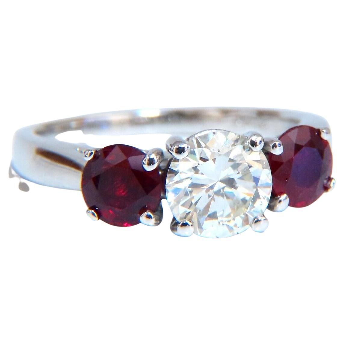 GIA Certified 1.06ct Natural Round Diamond Ruby Ring Classic Three Platinum For Sale