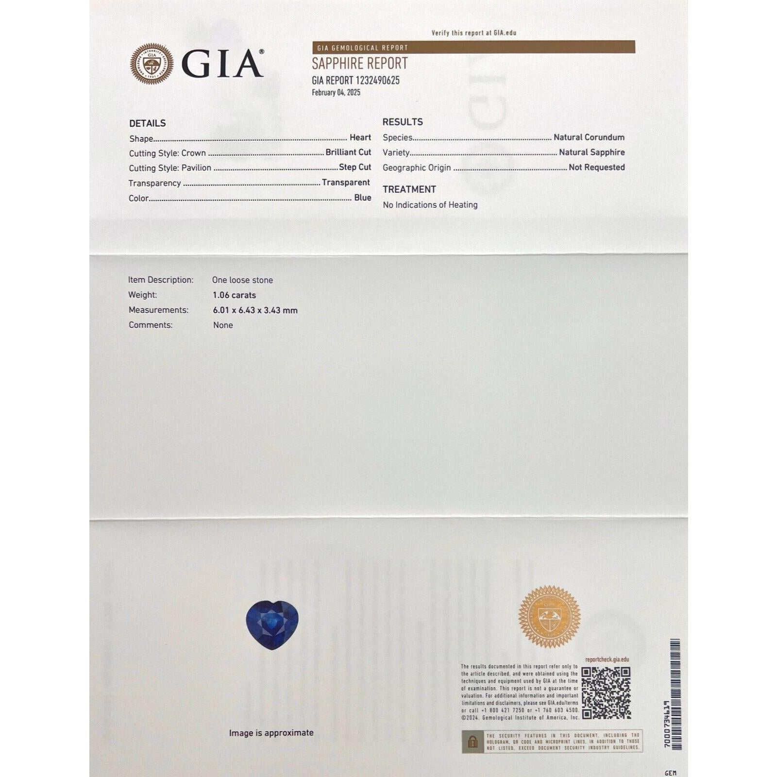 GIA Certificado 1.06ct Zafiro Corte Corazón Gema Natural Azul Vivo 6x6.4mm

Gema de zafiro azul vivo talla corazón certificada por el GIA.
1,06 Quilates de zafiro azul vivo sin calentar. Totalmente sin tratar y sin calentar, muy raro para zafiros