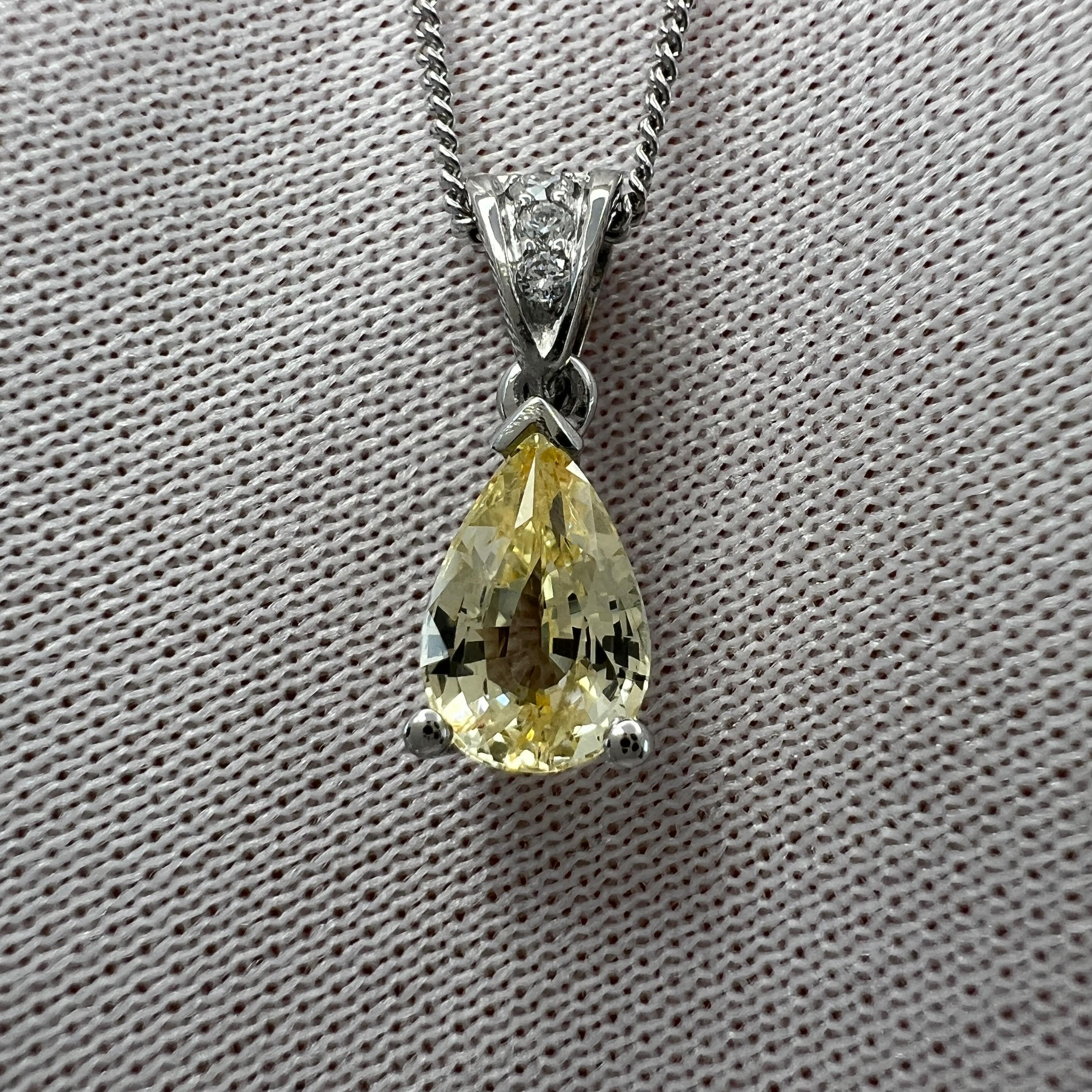 GIA Certified Untreated Pear Cut Ceylon Yellow Sapphire & Diamond Platinum Pendant Necklace.

1.06 Carat sapphire with a fine bright yellow colour and excellent clarity. Very clean stone. VVS.

Totally untreated and unheated, very rare for natural