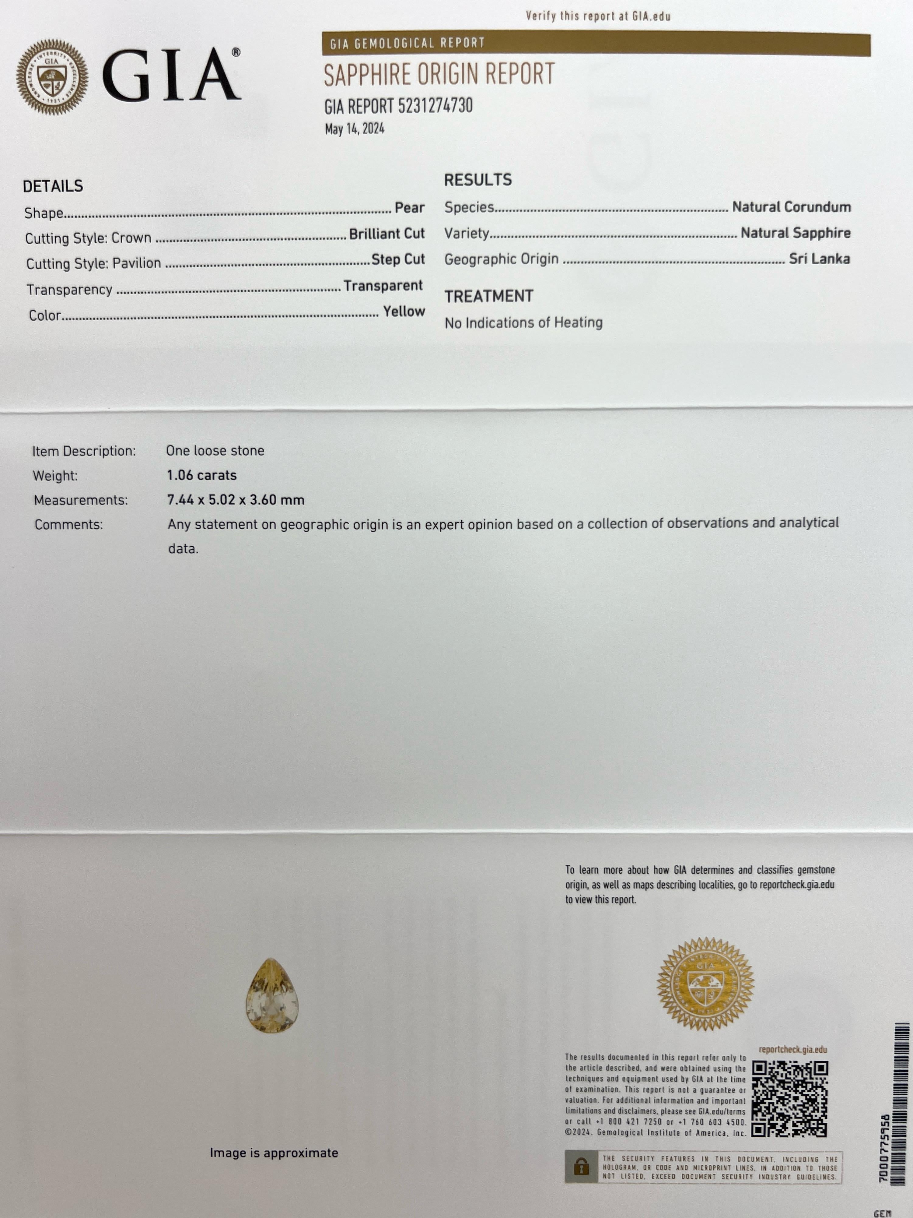 GIA Certified 1.06ct Untreated Ceylon Yellow Sapphire & Diamond Platinum Pendant In New Condition In Birmingham, GB